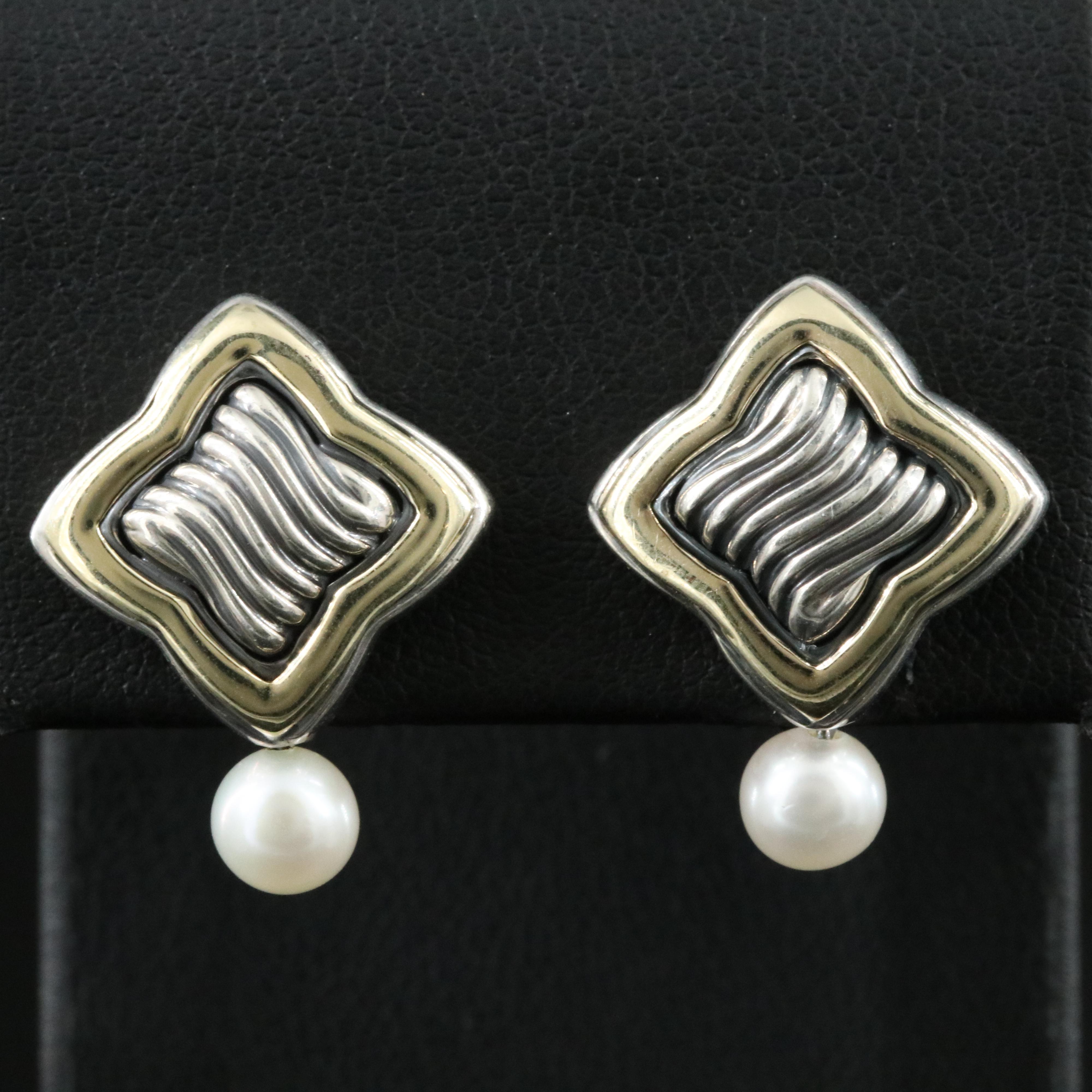 David Yurman Sterling and 18K  Quatrefoil Earrings with Pearl Drop