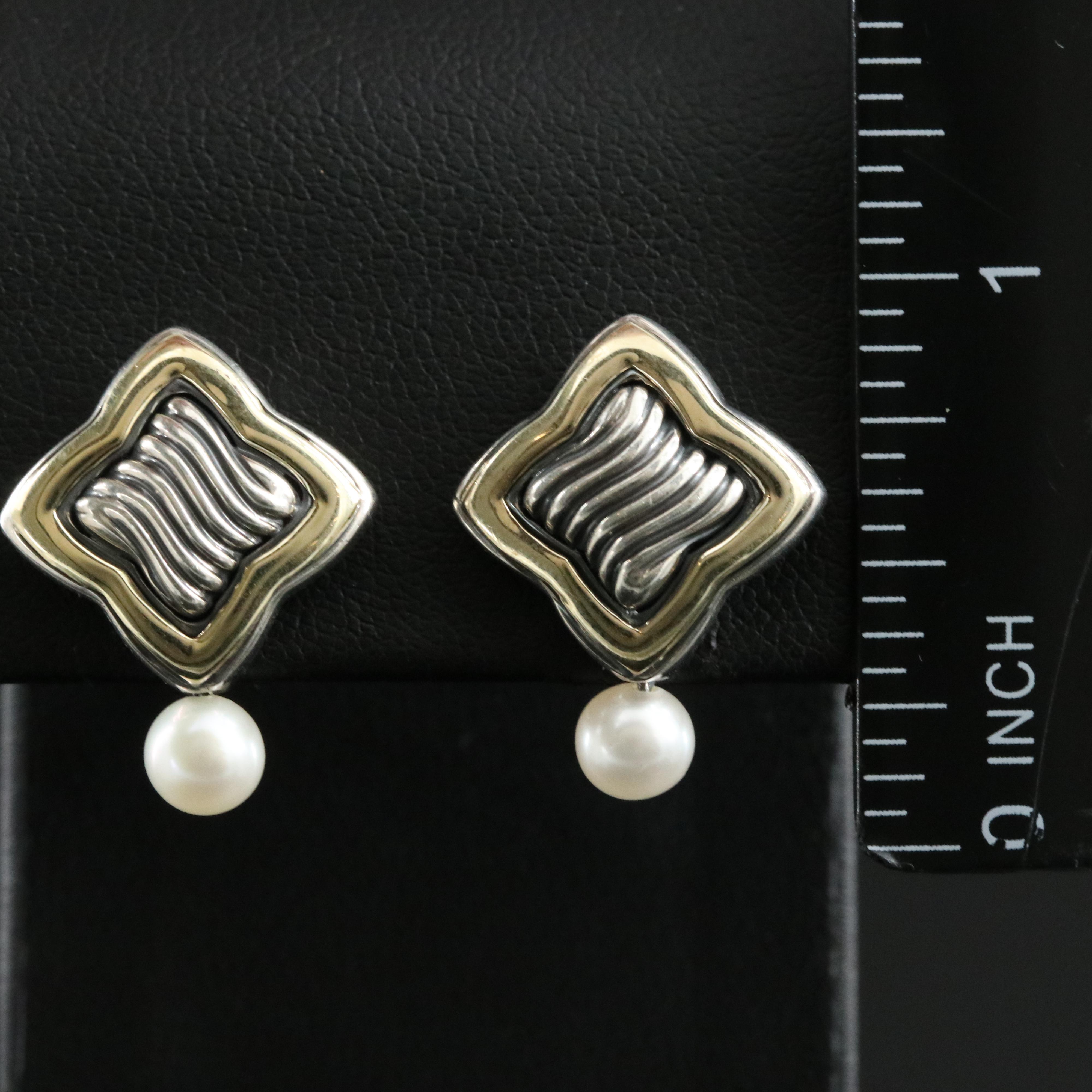 David Yurman Sterling and 18K  Quatrefoil Earrings with Pearl Drop