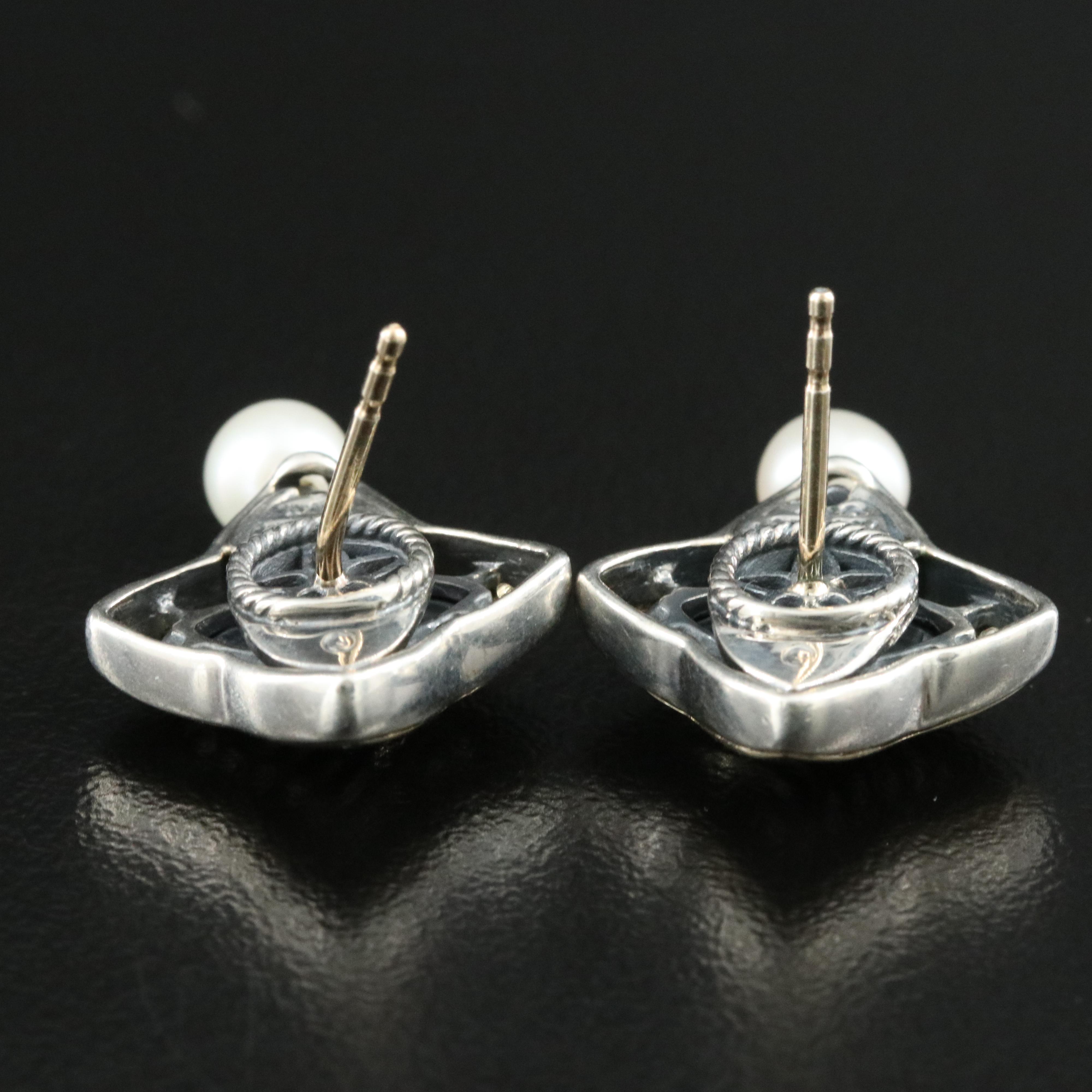 David Yurman Sterling and 18K  Quatrefoil Earrings with Pearl Drop