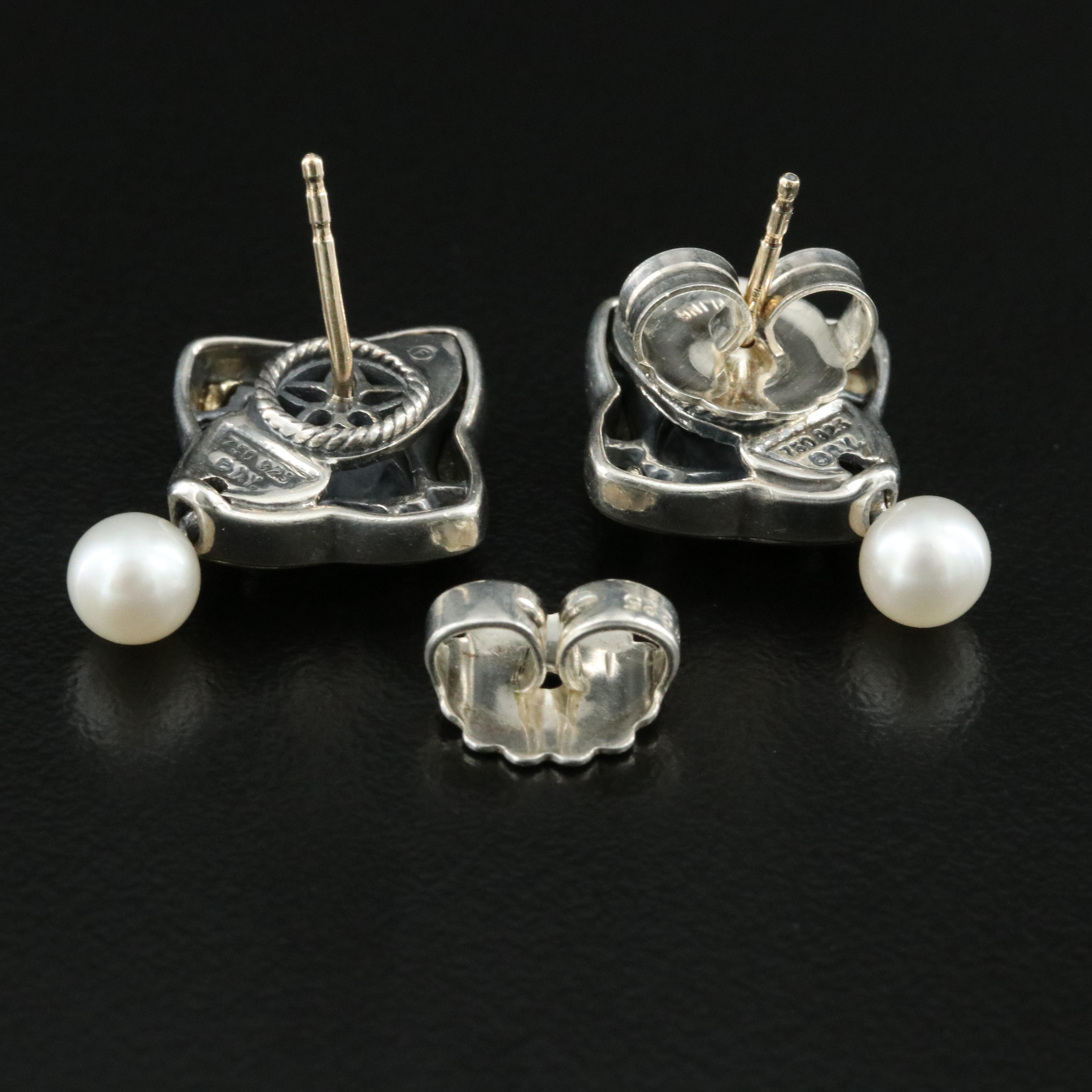David Yurman Sterling and 18K  Quatrefoil Earrings with Pearl Drop