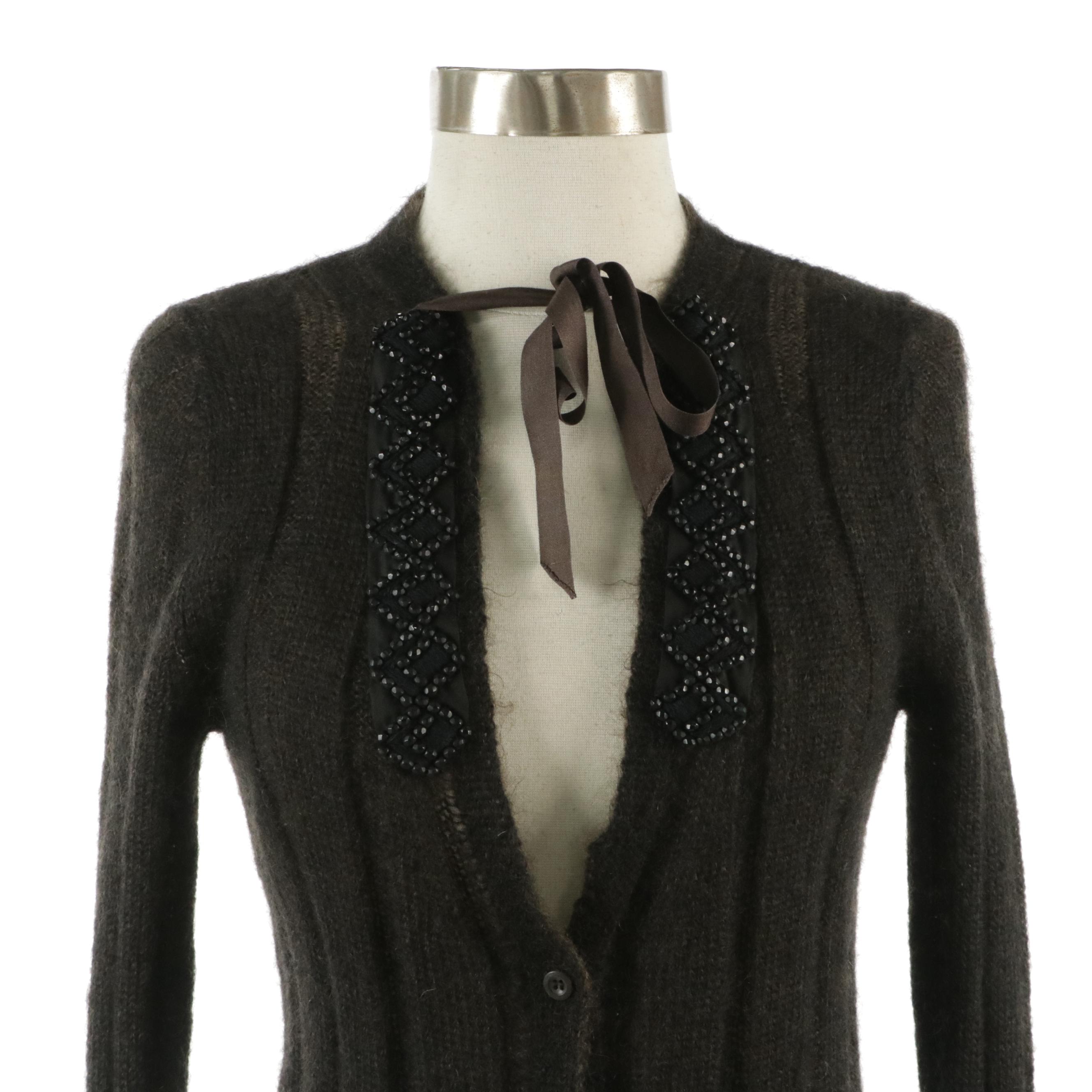 Prada Bead Embellished Mohair Blend Cardigan Sweater