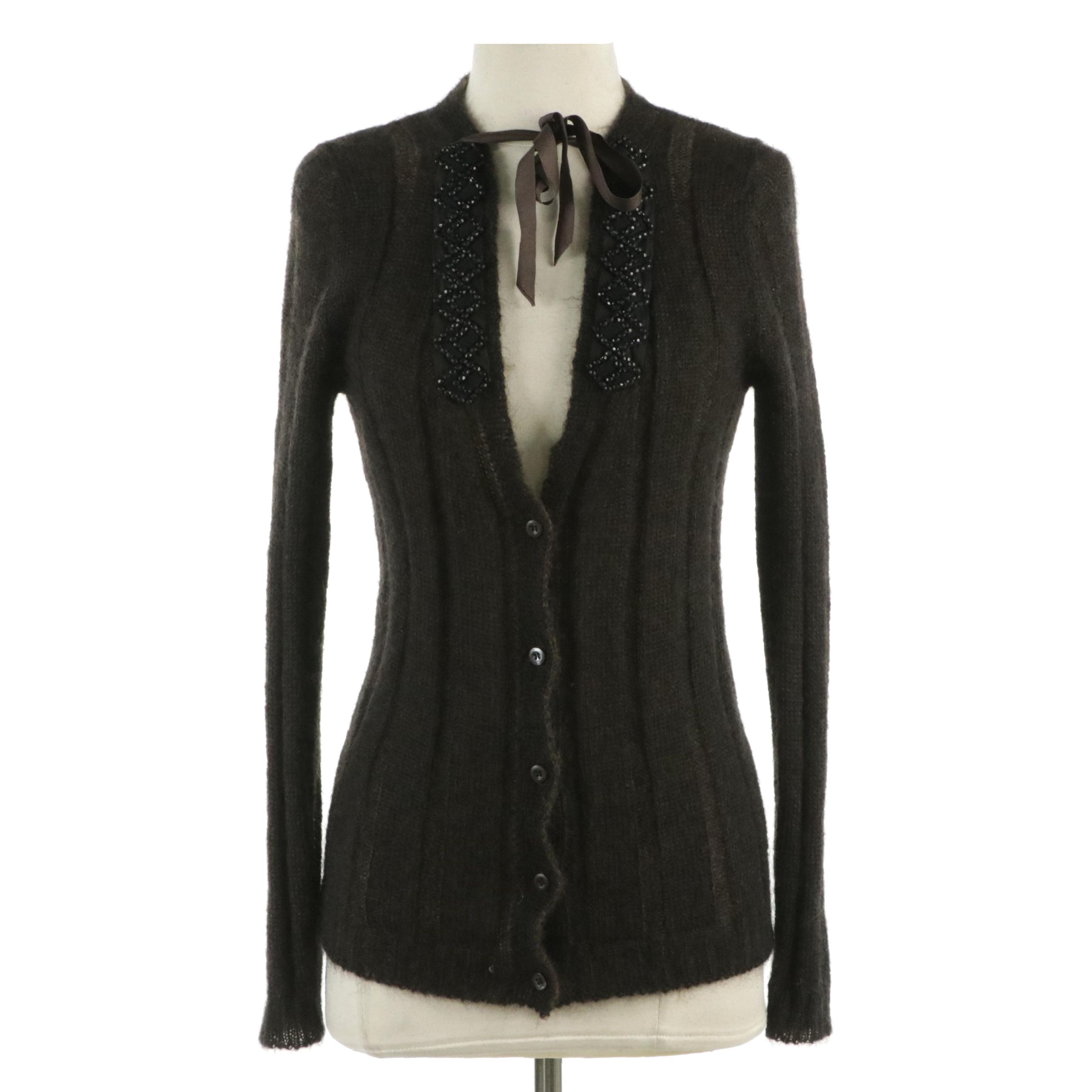 Prada Bead Embellished Mohair Blend Cardigan Sweater