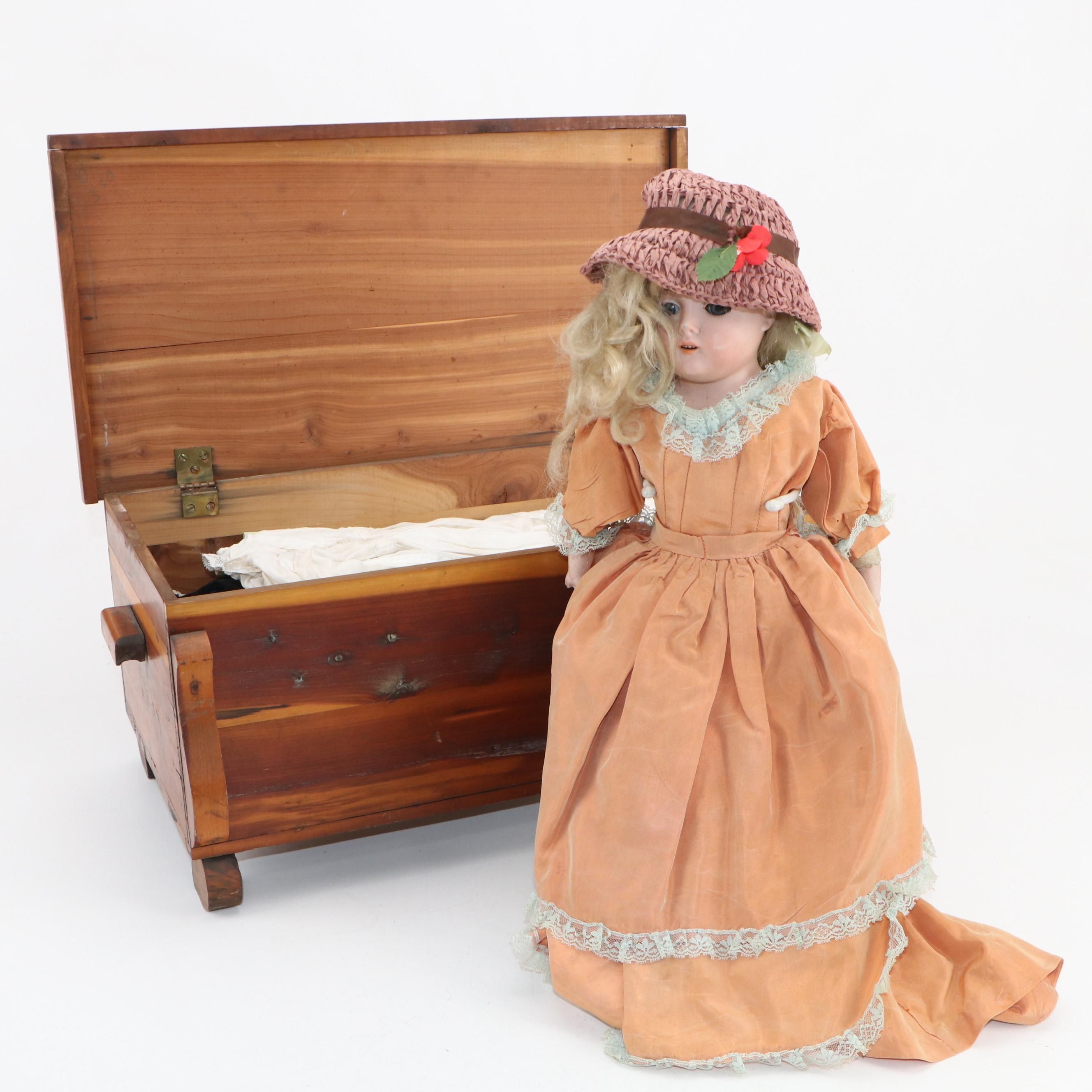 German Size 2/0 Shoulder Plate Bisque Doll with Doll Clothing and Trunk