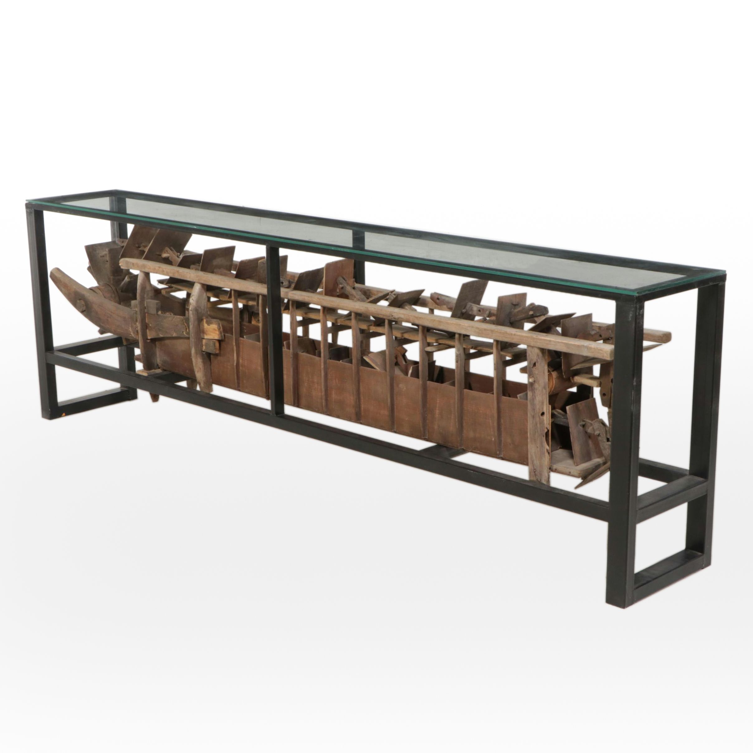 Metal and Glass Console Table with Folk Art Wooden Paddle Boat