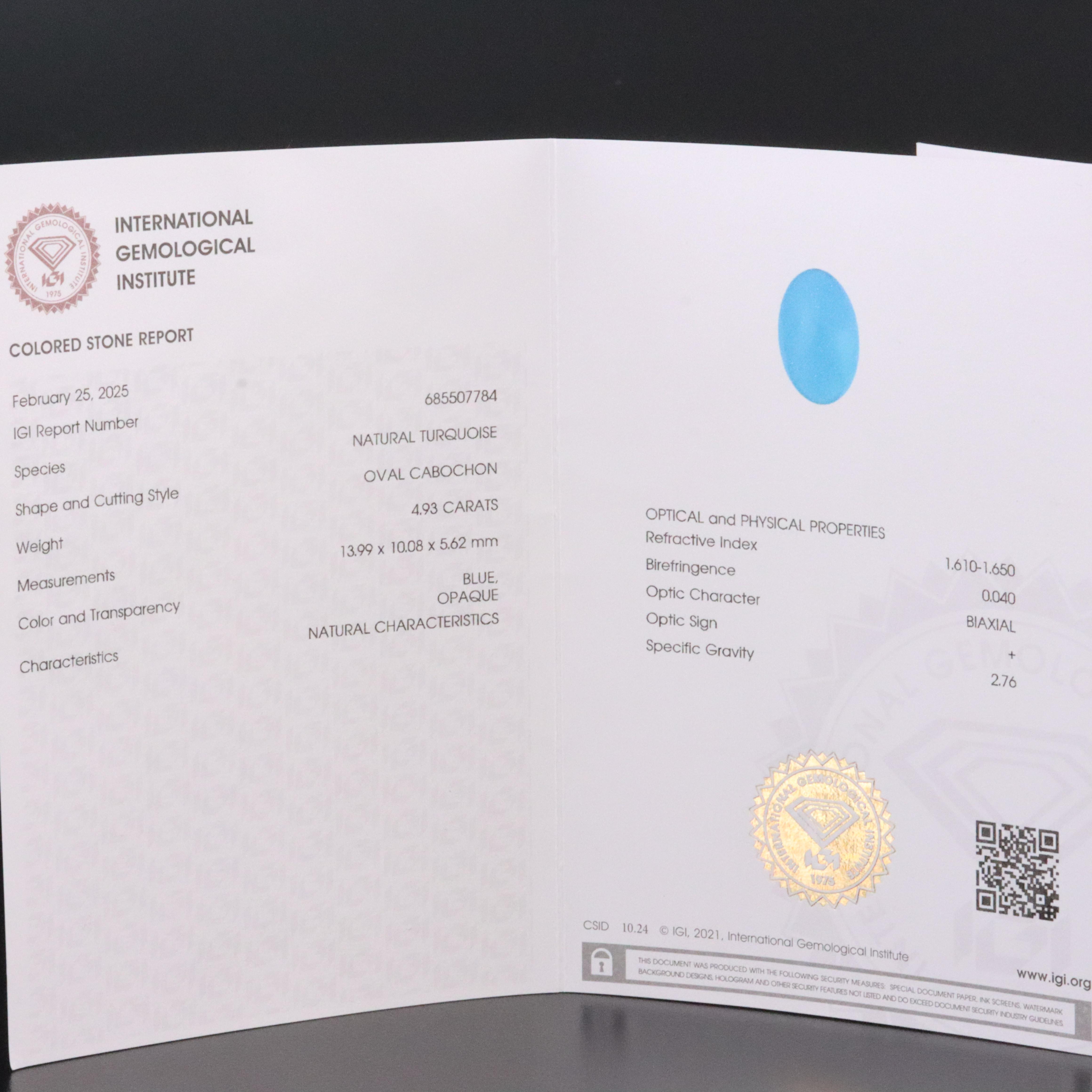 Loose 4.93 CT Turquoise with IGI Report