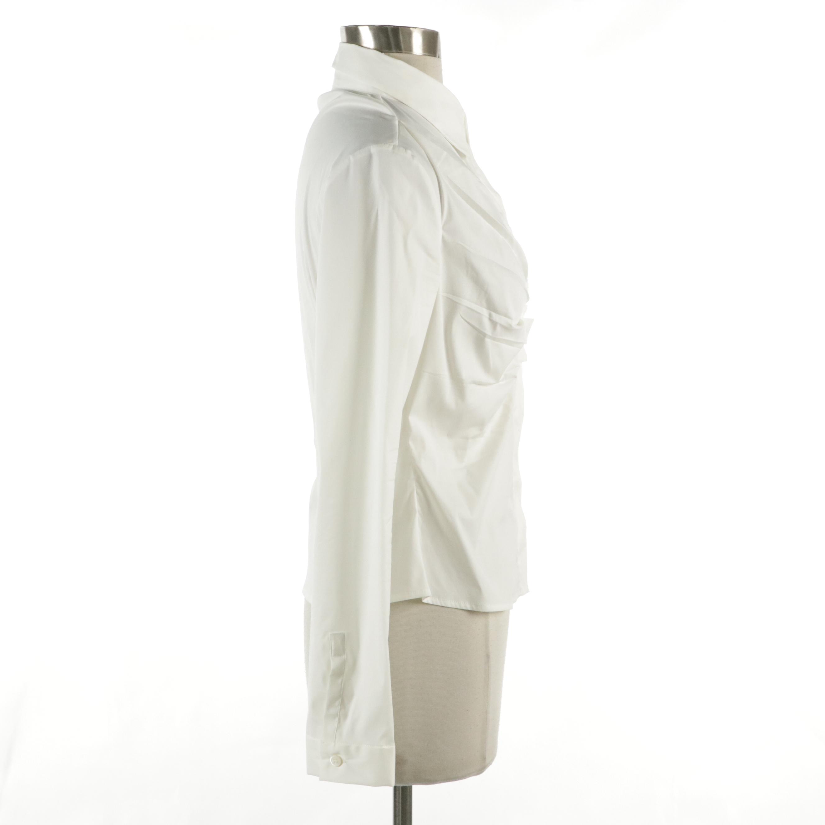 Prada Gather Pleated-Front Blouse in White Stretch Cotton Blend