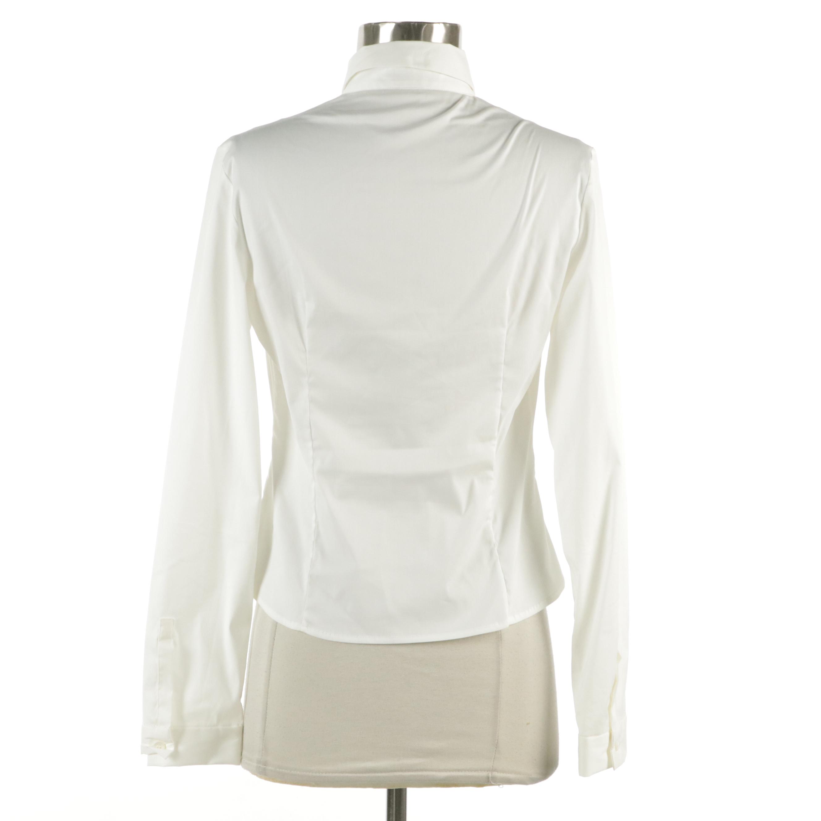 Prada Gather Pleated-Front Blouse in White Stretch Cotton Blend