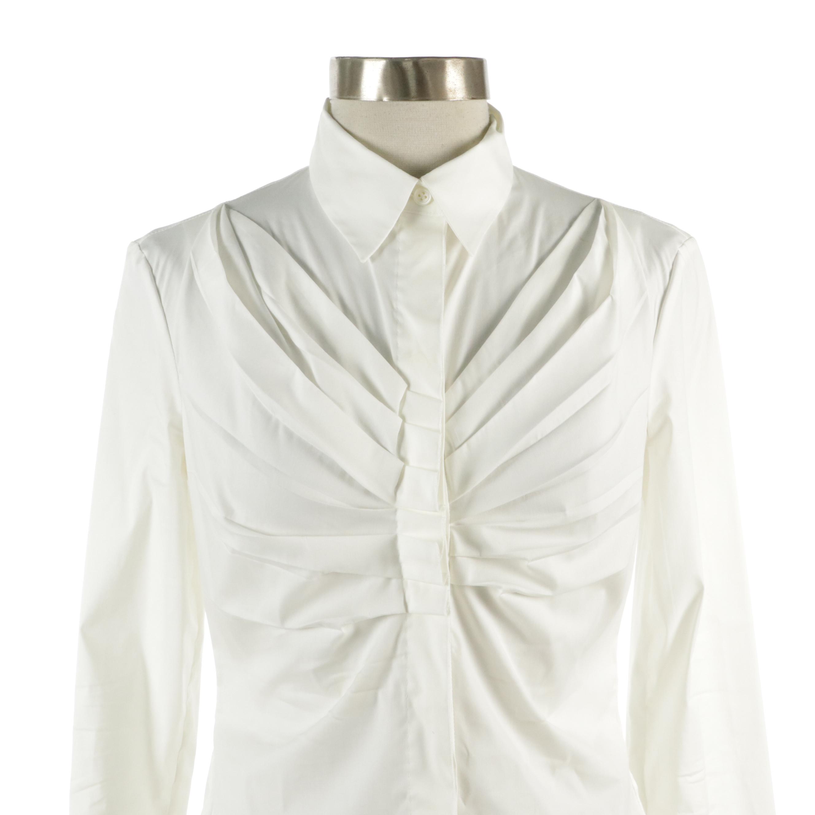 Prada Gather Pleated-Front Blouse in White Stretch Cotton Blend