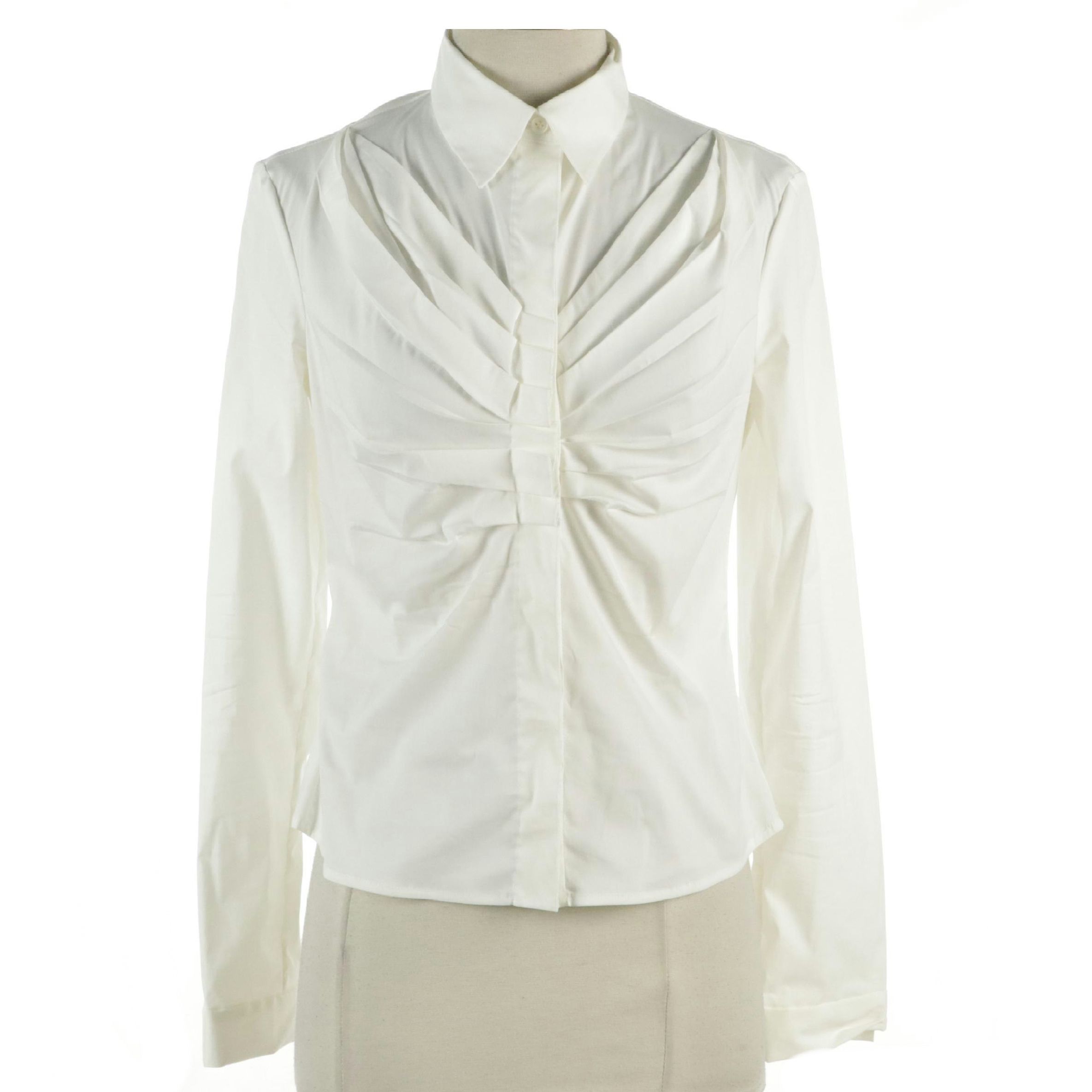 Prada Gather Pleated-Front Blouse in White Stretch Cotton Blend