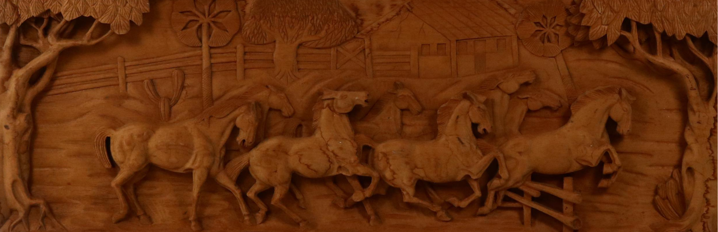 Large-Scale Hand Carved Wood Relief of Western Scene with Running Horses