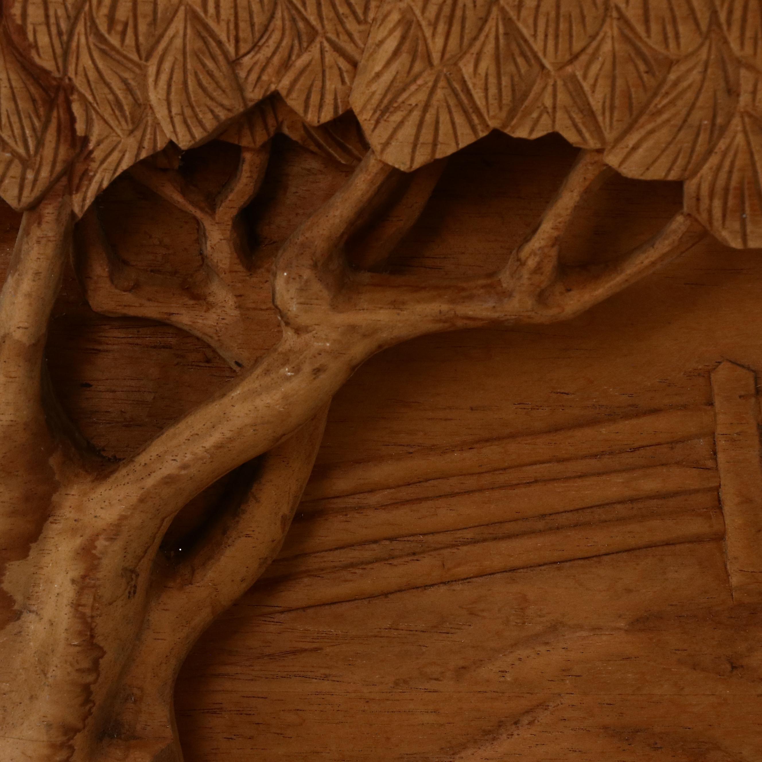 Large-Scale Hand Carved Wood Relief of Western Scene with Running Horses