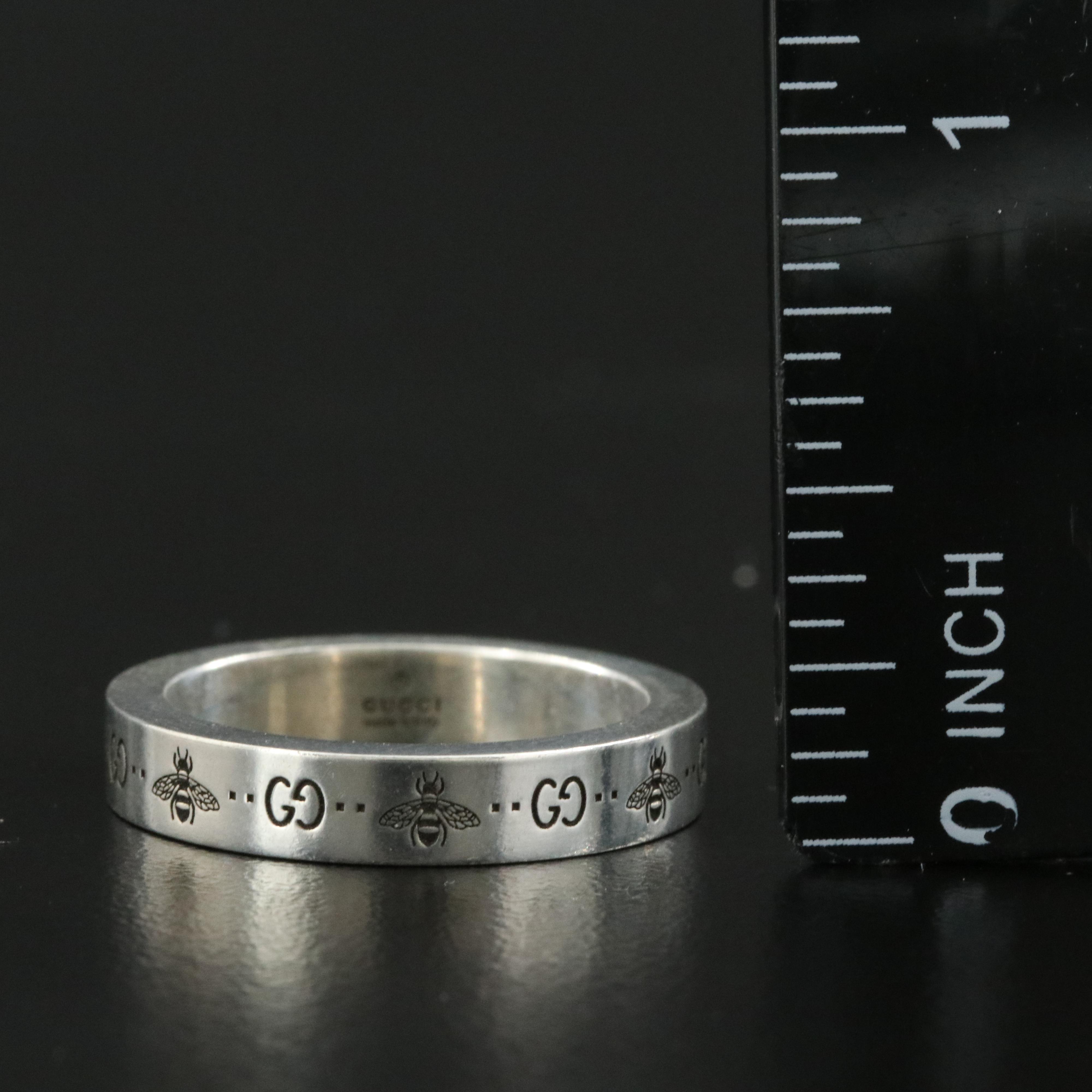 Gucci Sterling Engraved Bee and GG Logo Ring