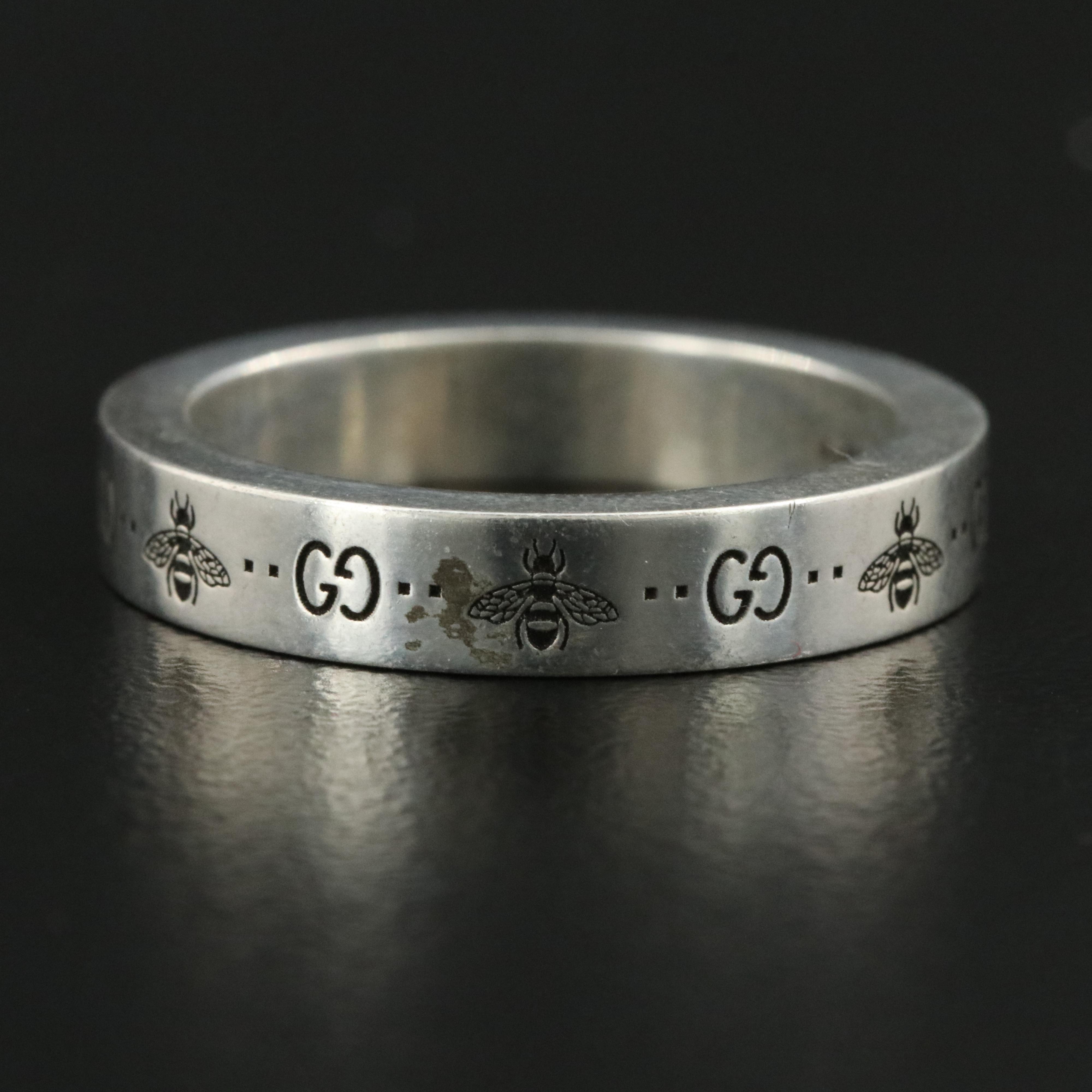 Gucci Sterling Engraved Bee and GG Logo Ring