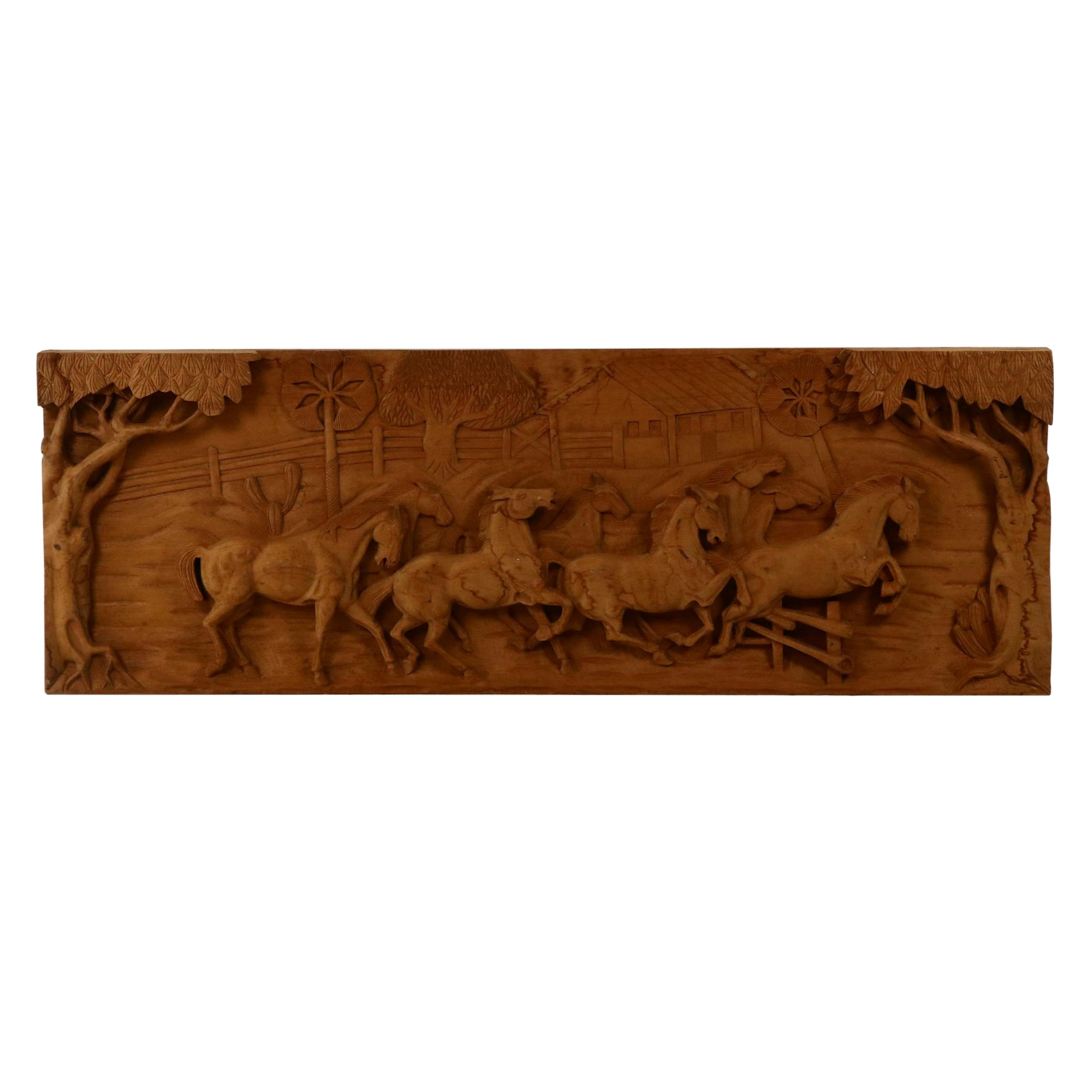 Large-Scale Hand Carved Wood Relief of Western Scene with Running Horses
