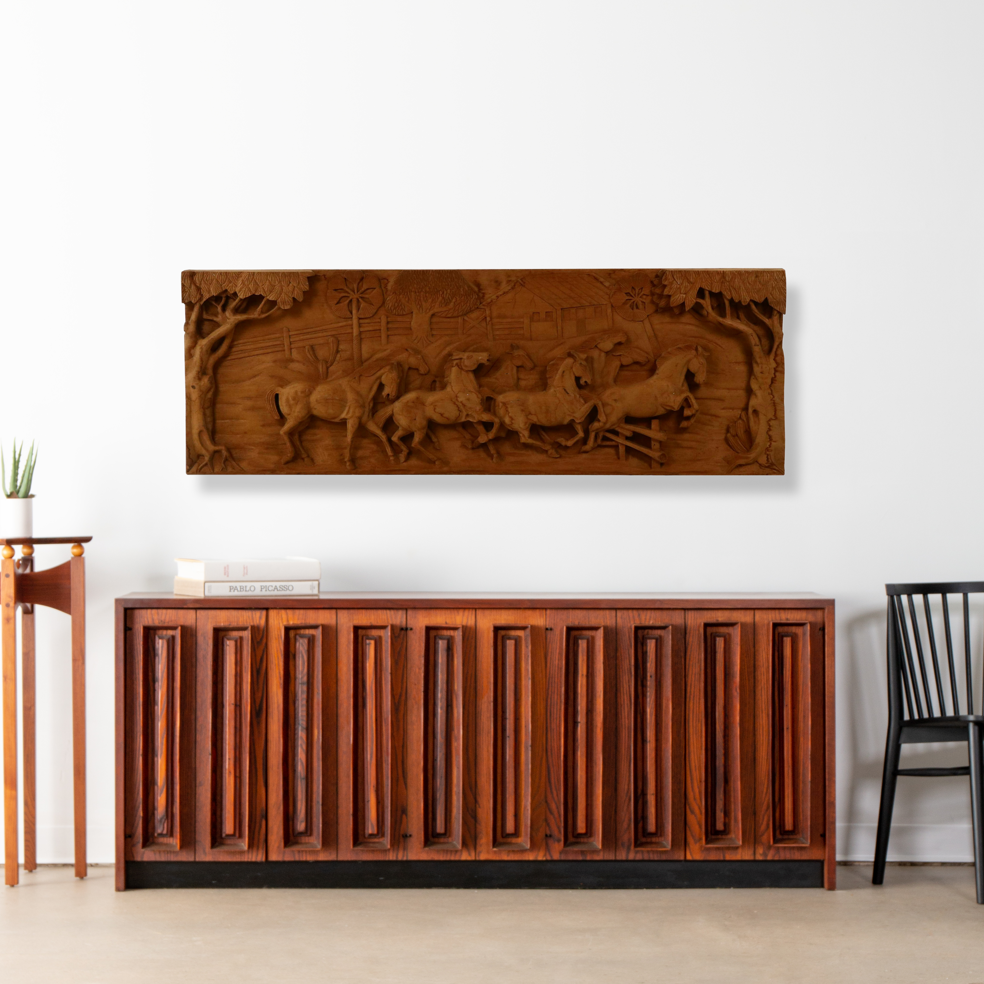 Large-Scale Hand Carved Wood Relief of Western Scene with Running Horses