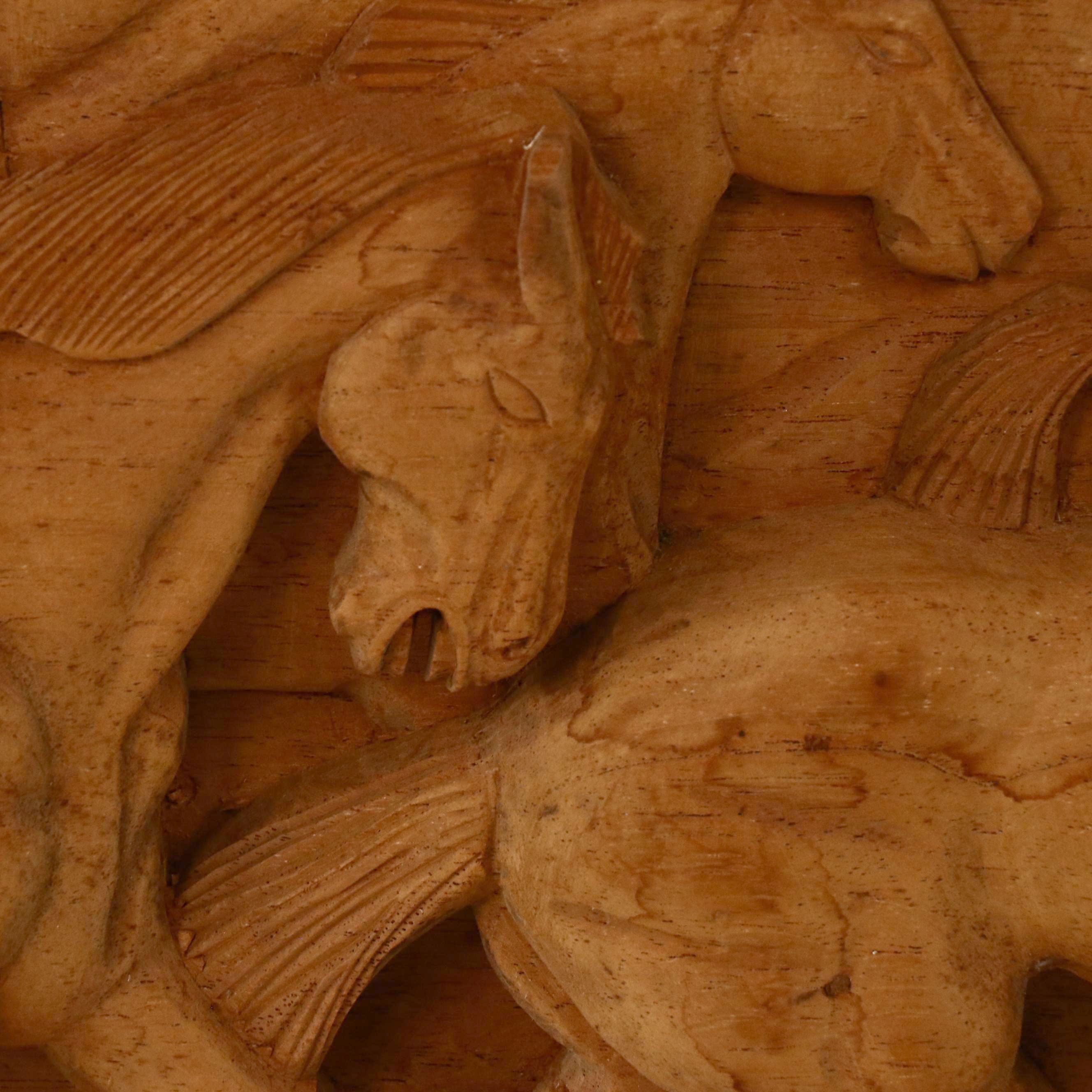 Large-Scale Hand Carved Wood Relief of Western Scene with Running Horses