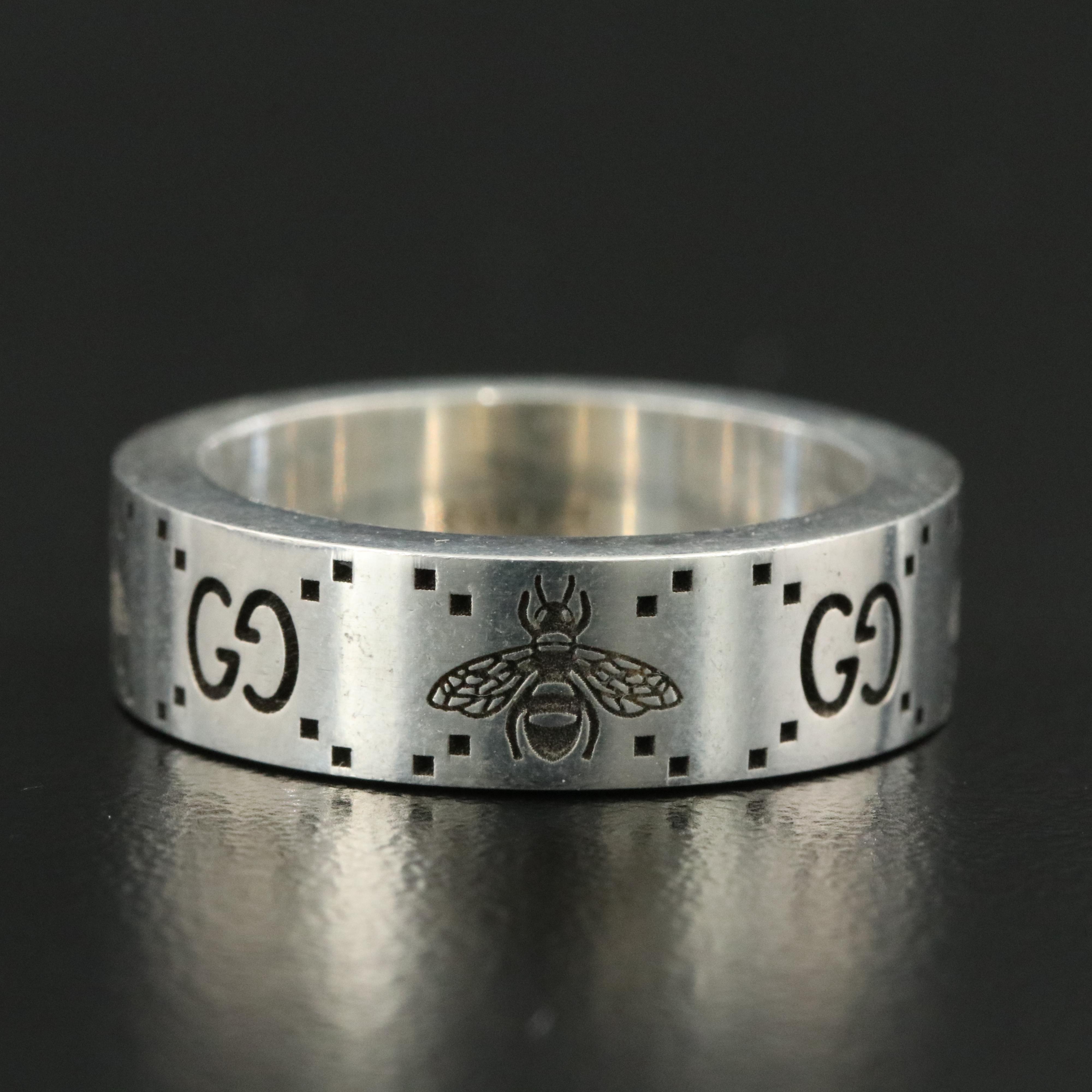 Gucci Sterling Engraved Bee and GG Logo Ring