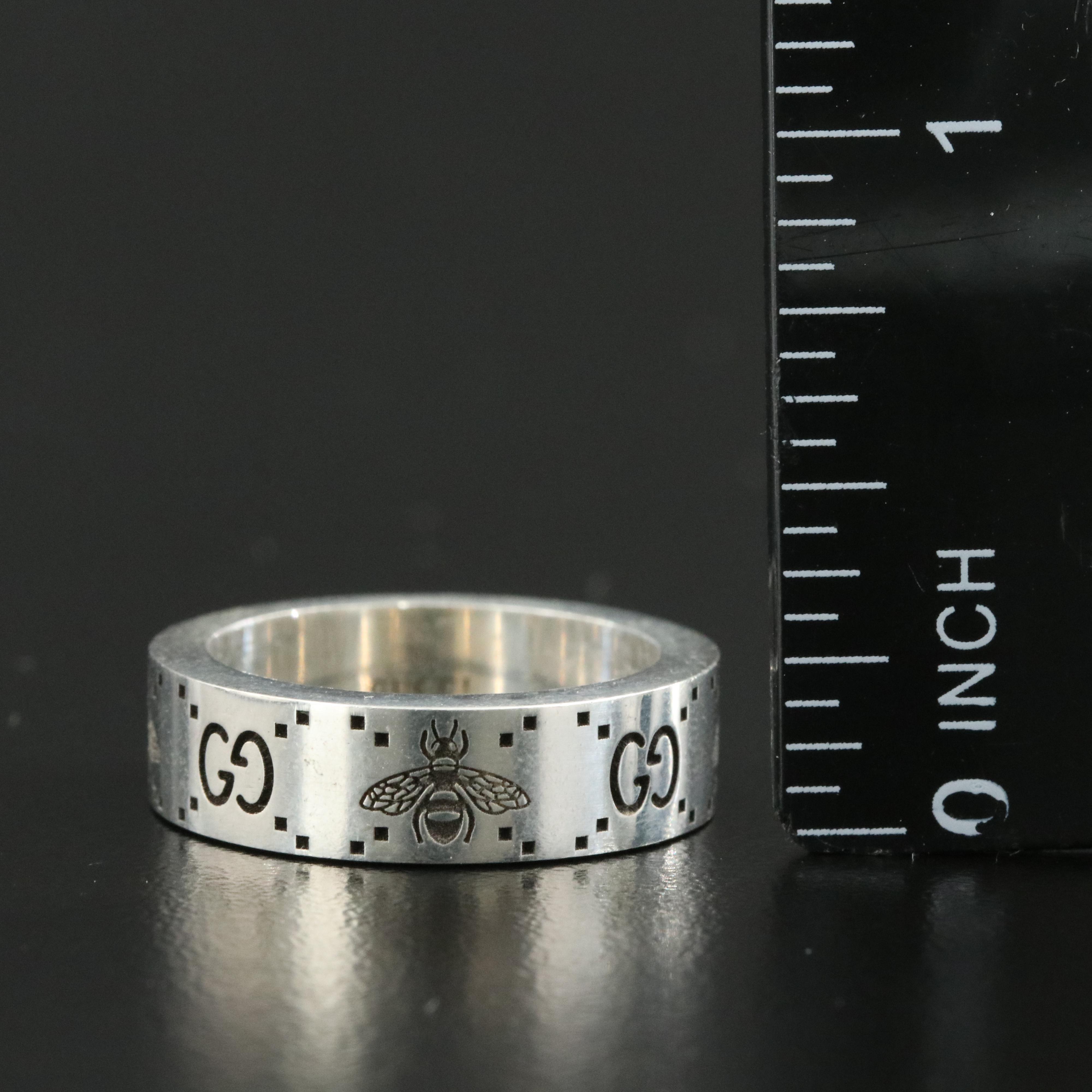 Gucci Sterling Engraved Bee and GG Logo Ring