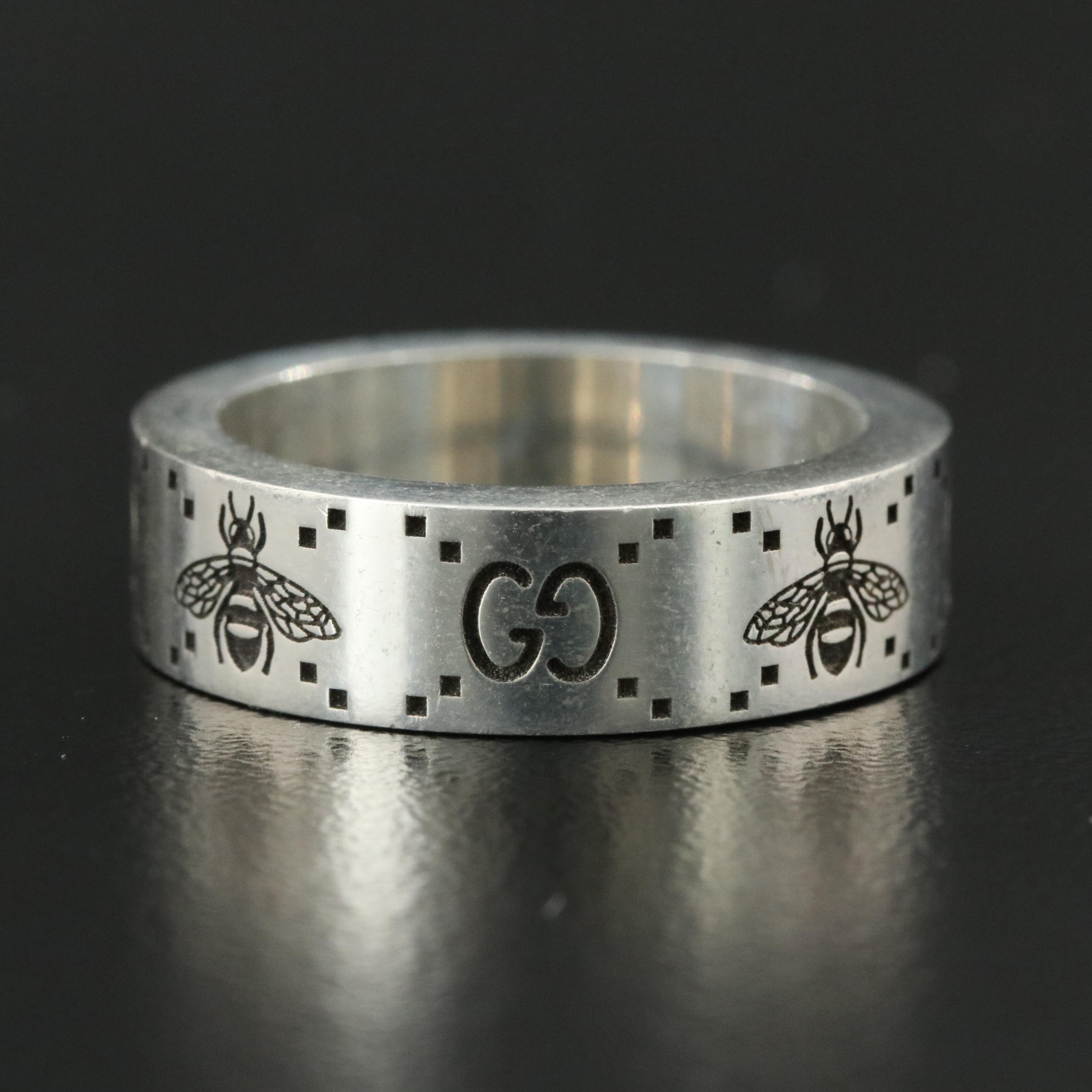 Gucci Sterling Engraved Bee and GG Logo Ring