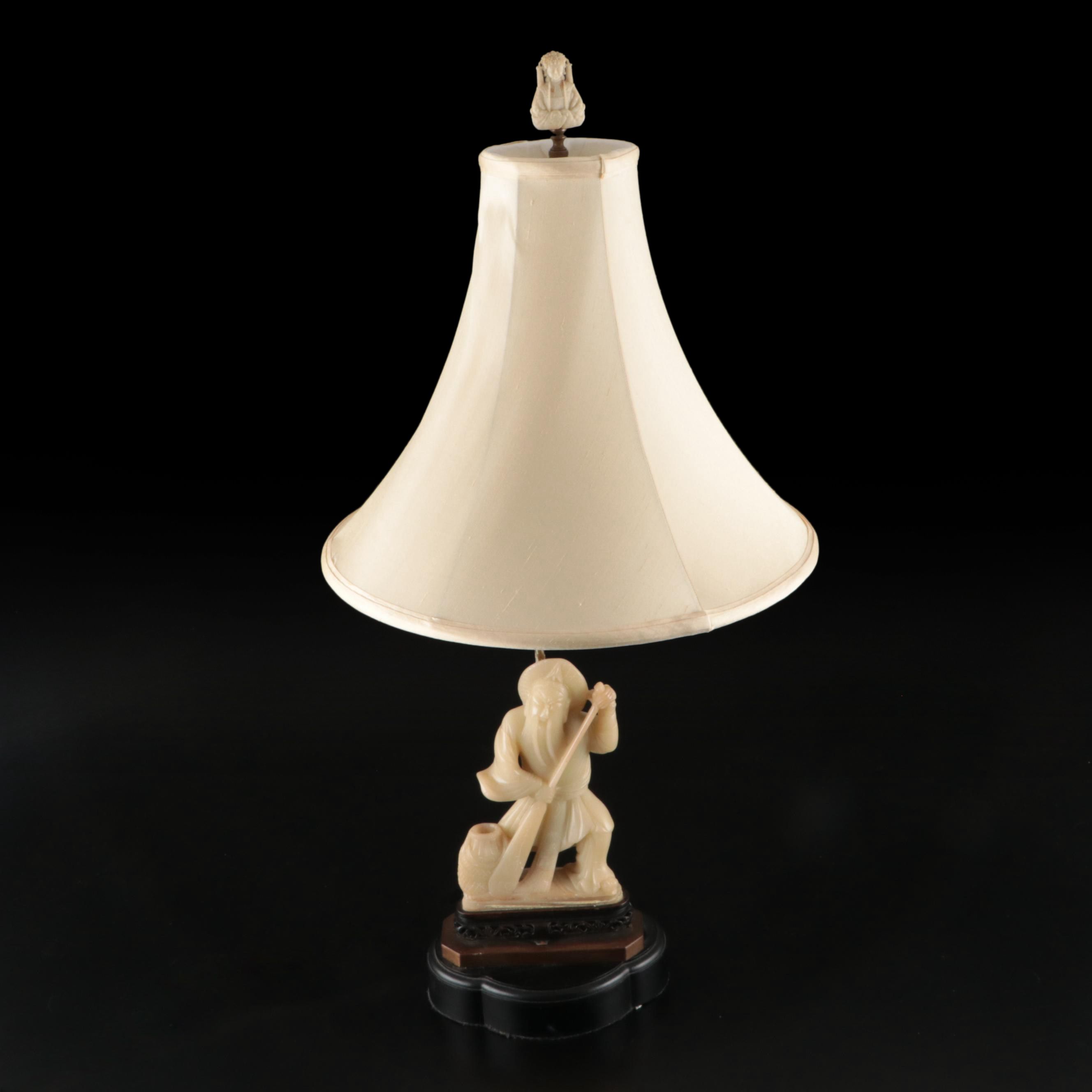 Chinese Carved Soapstone Figure Table Lamp with Silk Bell Shade