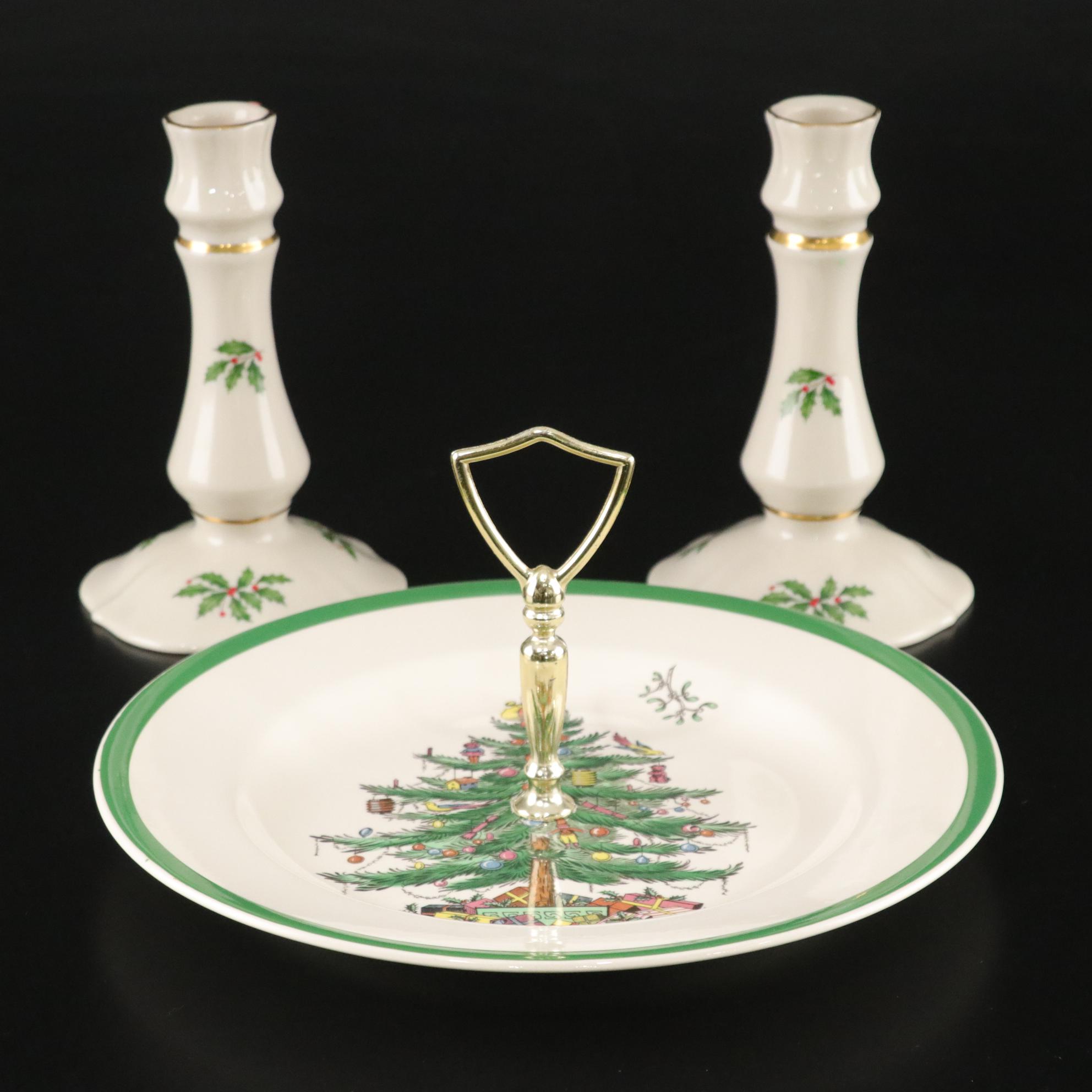 Lenox "Holiday" Candlesticks & Spode "Christmas Tree" Tidbit Tray