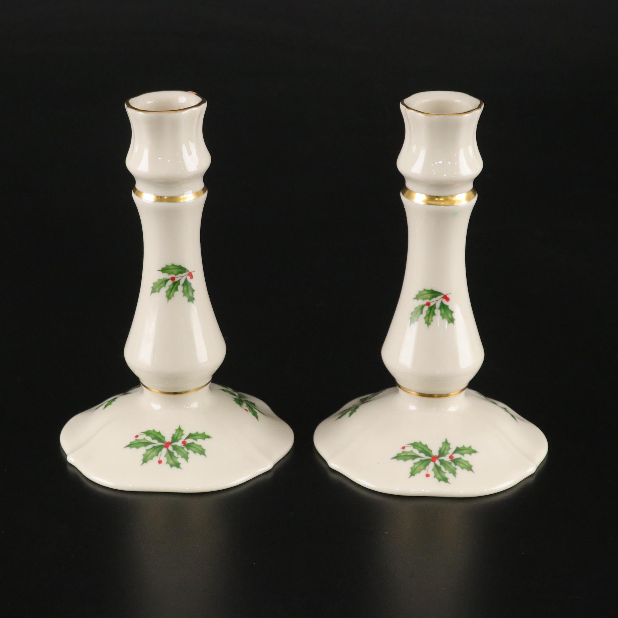 Lenox "Holiday" Candlesticks & Spode "Christmas Tree" Tidbit Tray