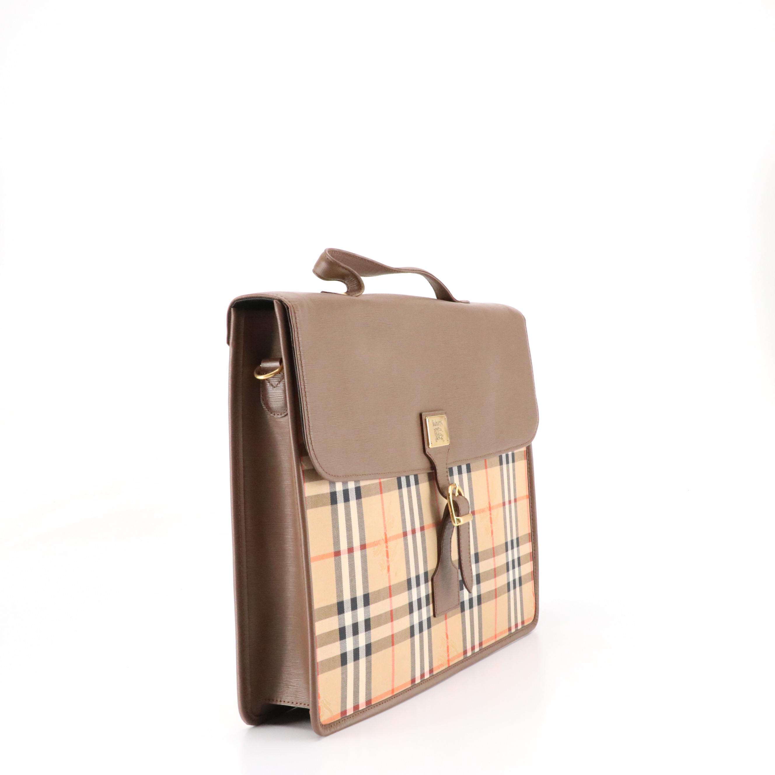 Burberrys Two-Way Briefcase in Haymarket Check Canvas and Textured Leather Trim