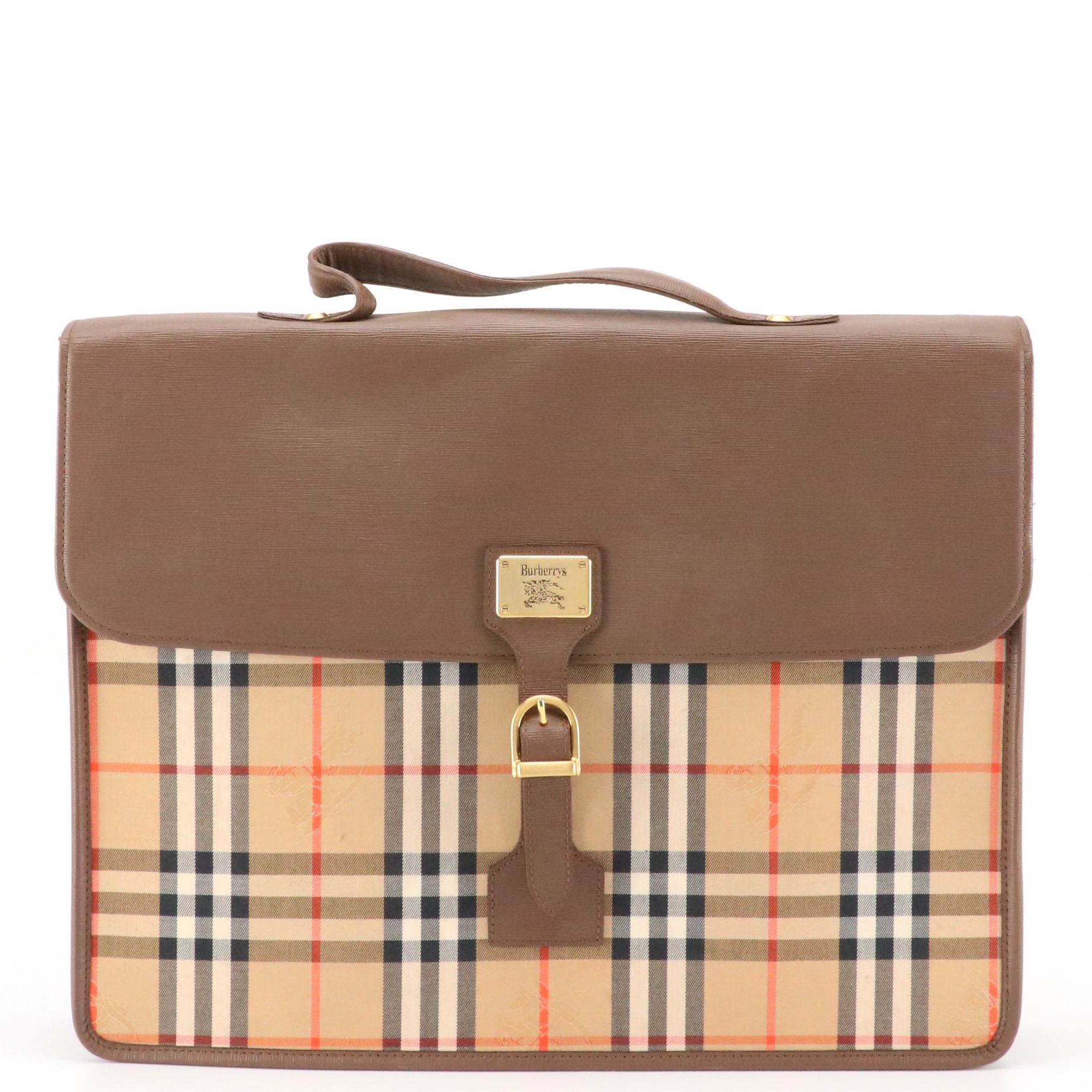 Burberrys Two-Way Briefcase in Haymarket Check Canvas and Textured Leather Trim