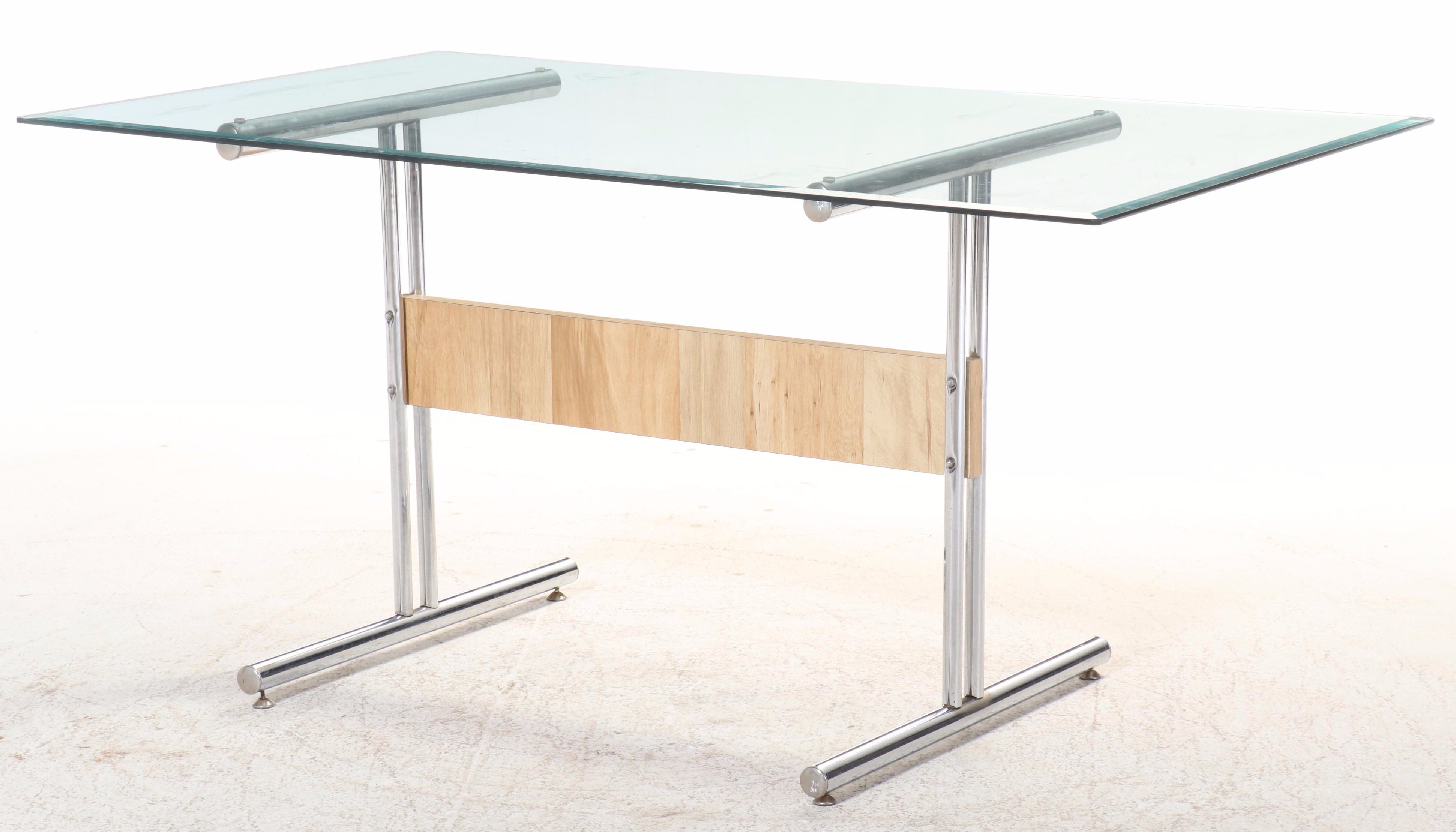 Glass Top Chrome Dining Table w/ Six Cantilever Chairs, Manner of Marcel Breuer