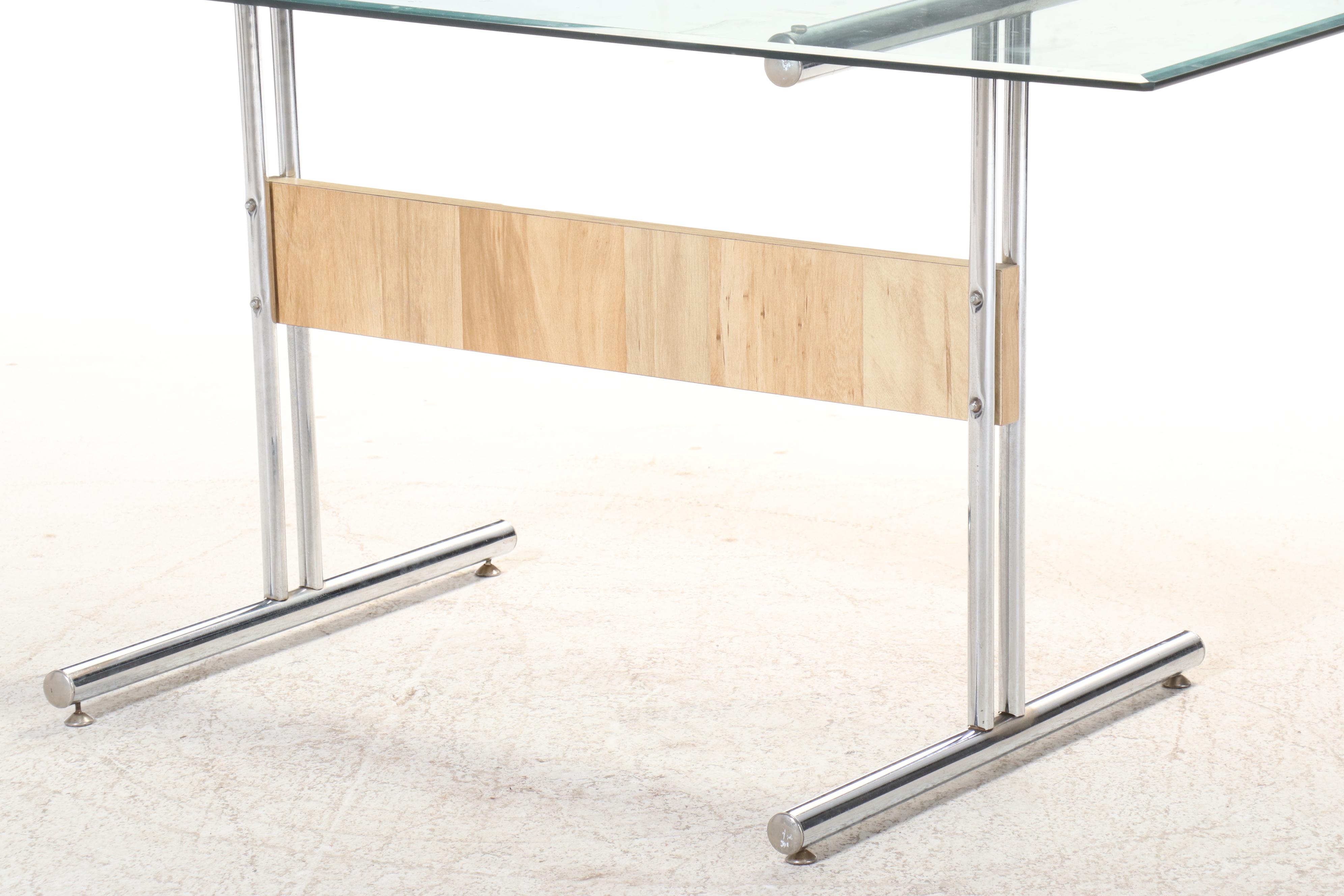 Glass Top Chrome Dining Table w/ Six Cantilever Chairs, Manner of Marcel Breuer