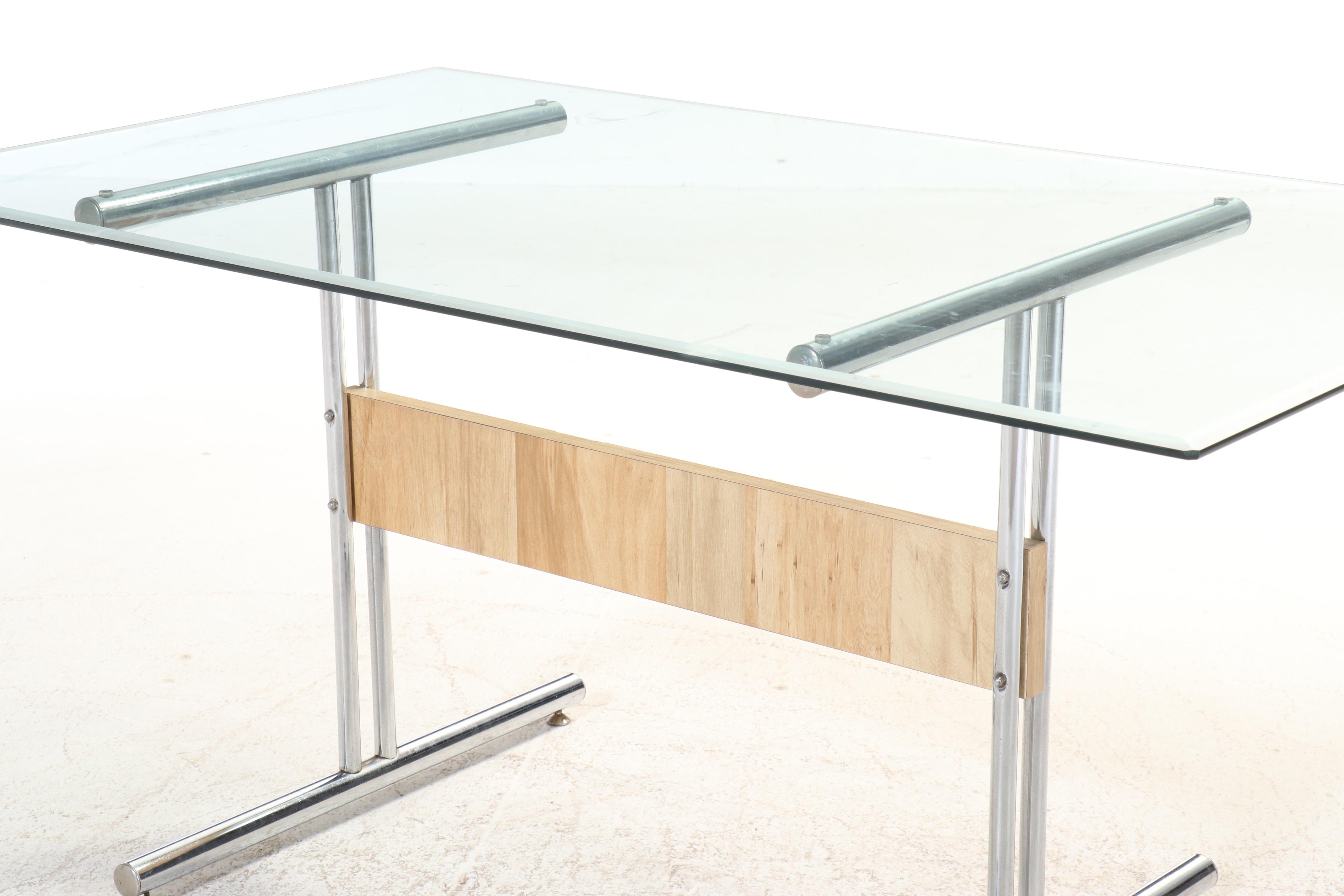 Glass Top Chrome Dining Table w/ Six Cantilever Chairs, Manner of Marcel Breuer