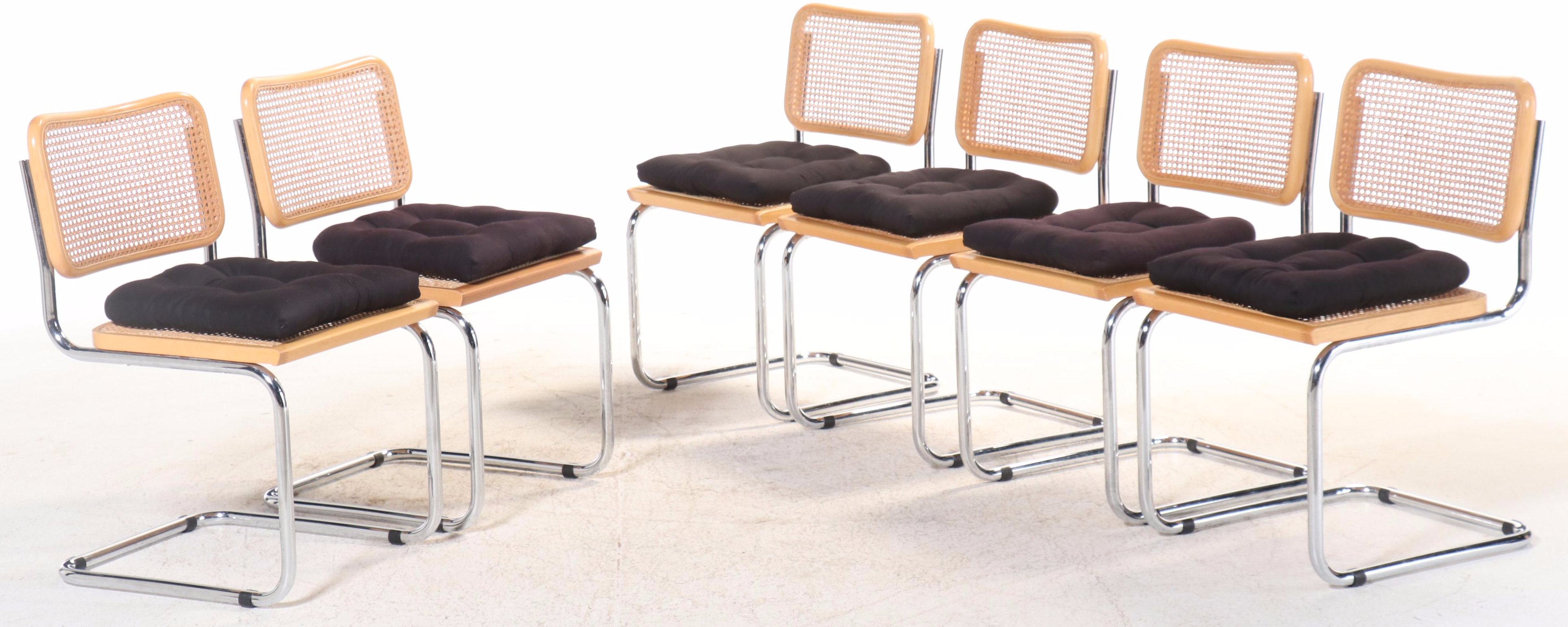 Glass Top Chrome Dining Table w/ Six Cantilever Chairs, Manner of Marcel Breuer