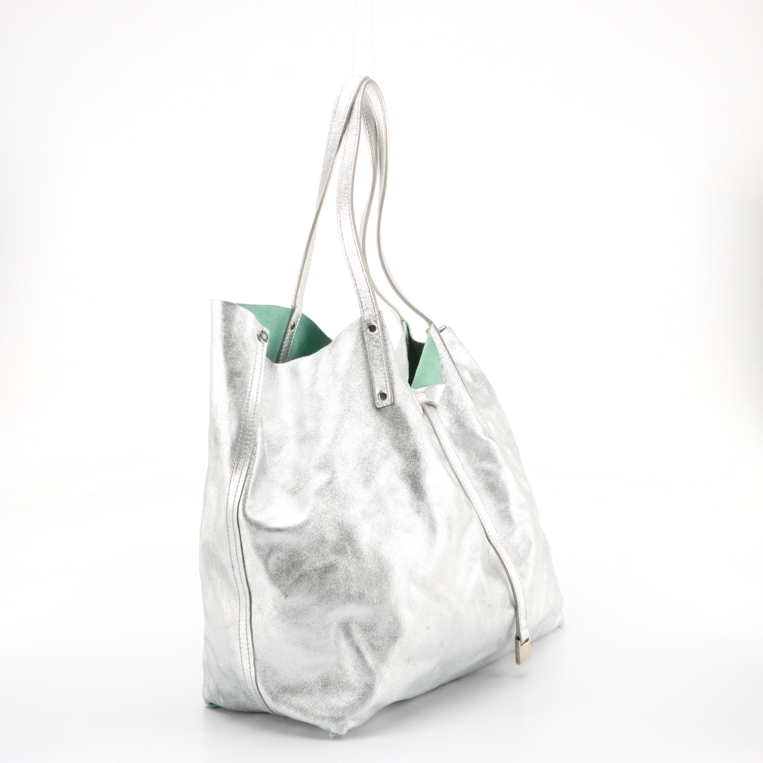 Tiffany & Co. Large Reversible Tote in Metallic Silver and Teal Leather