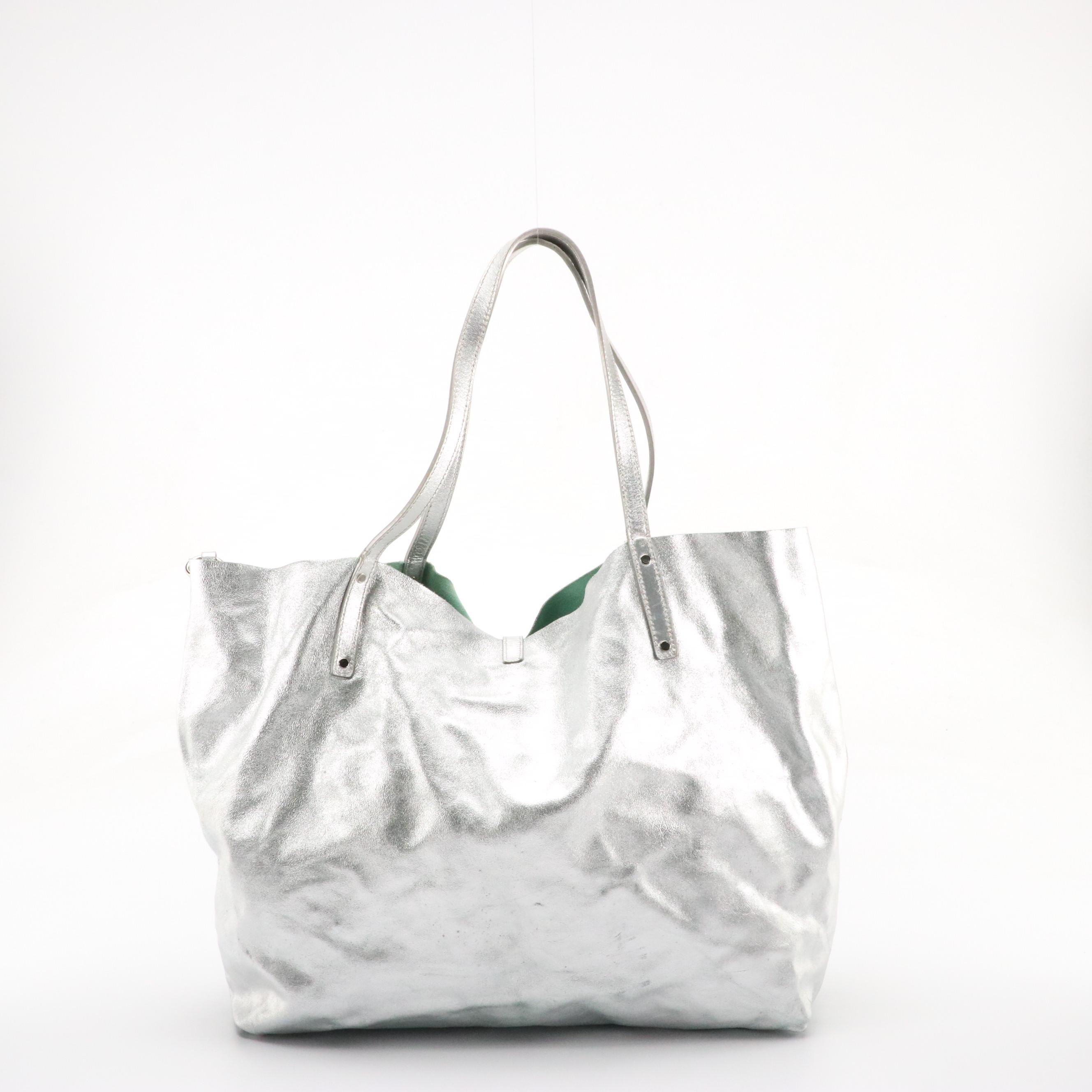 Tiffany & Co. Large Reversible Tote in Metallic Silver and Teal Leather