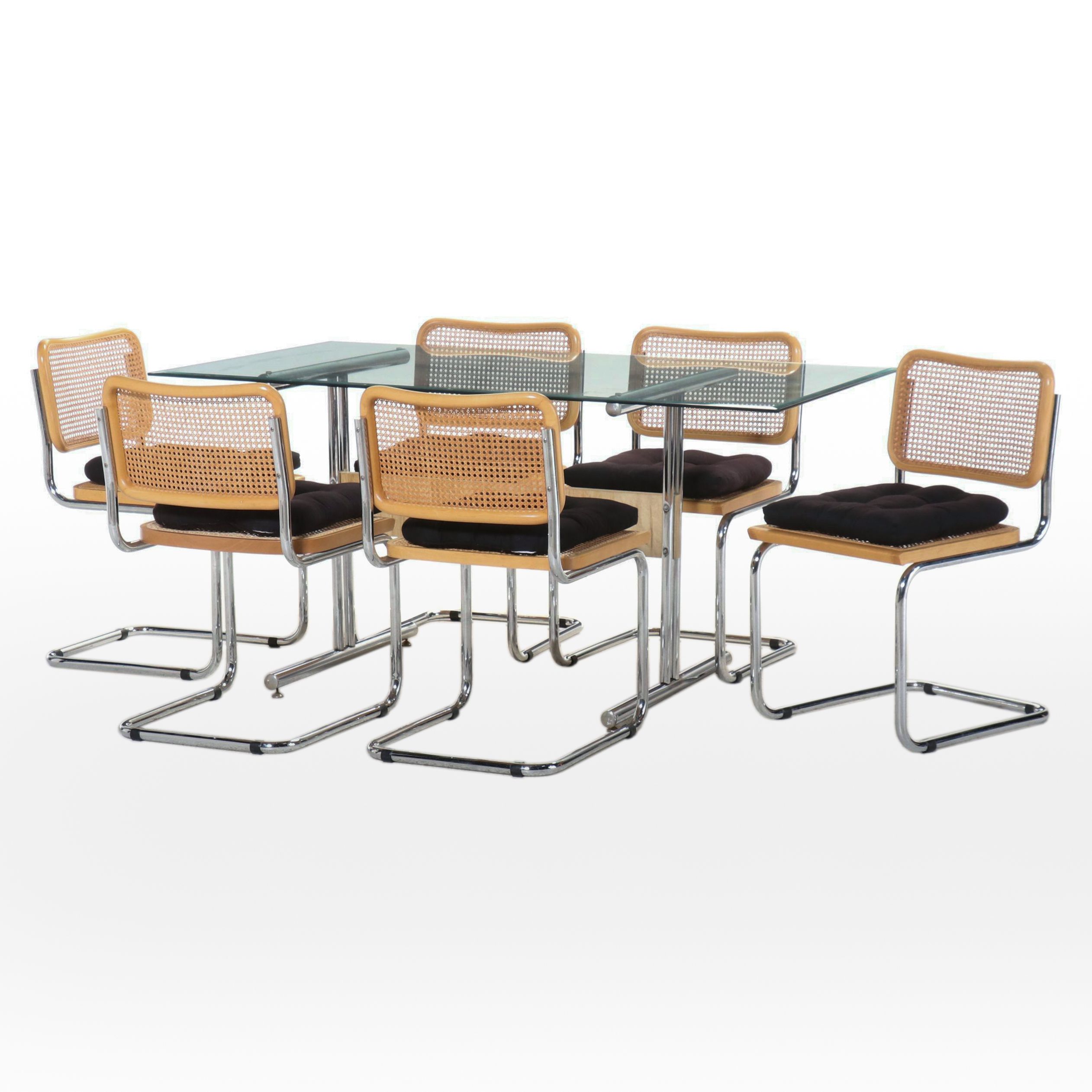 Glass Top Chrome Dining Table w/ Six Cantilever Chairs, Manner of Marcel Breuer