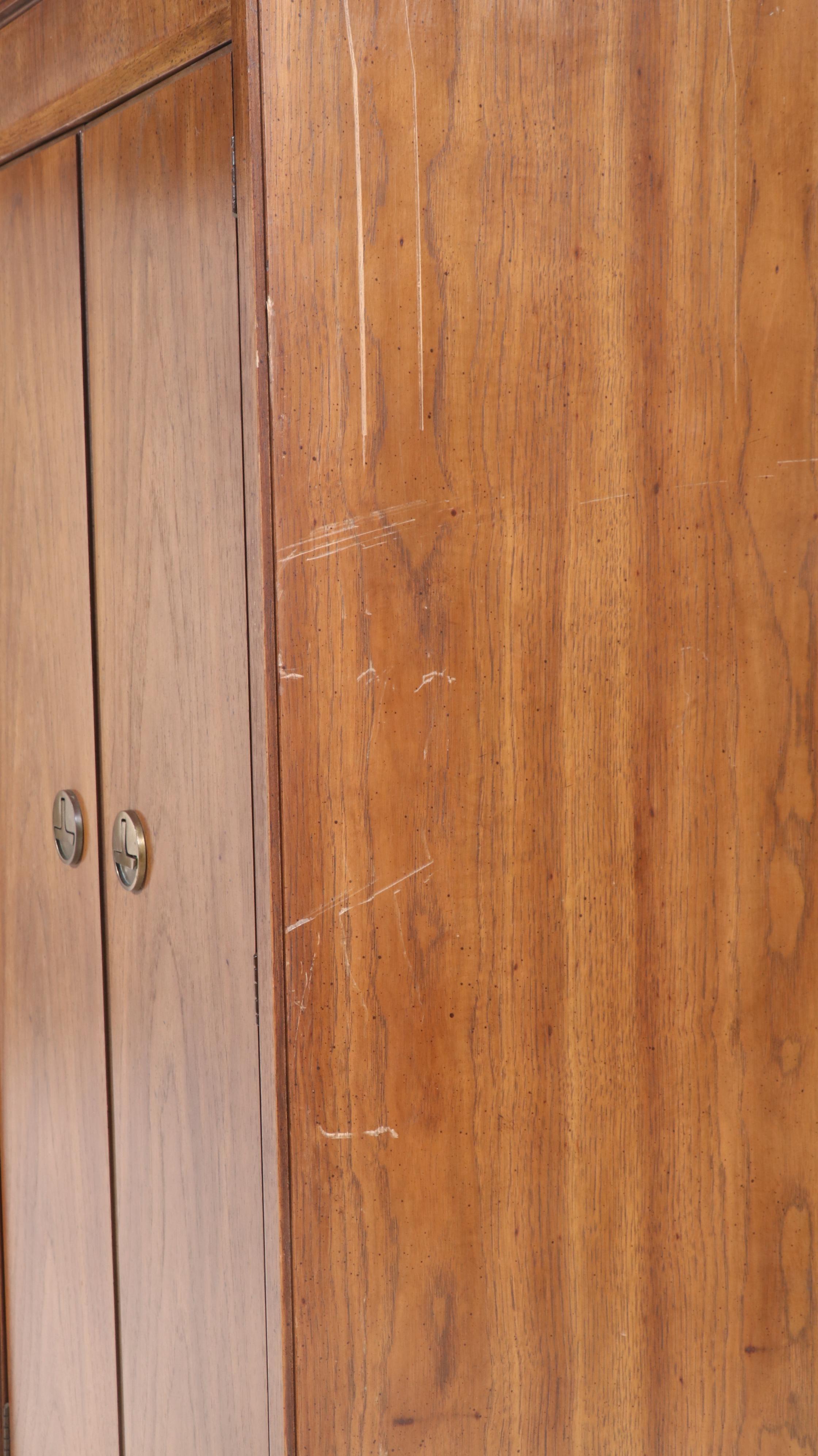 Pair of Huntley Campaign Style Pecan Veneer Cabinets