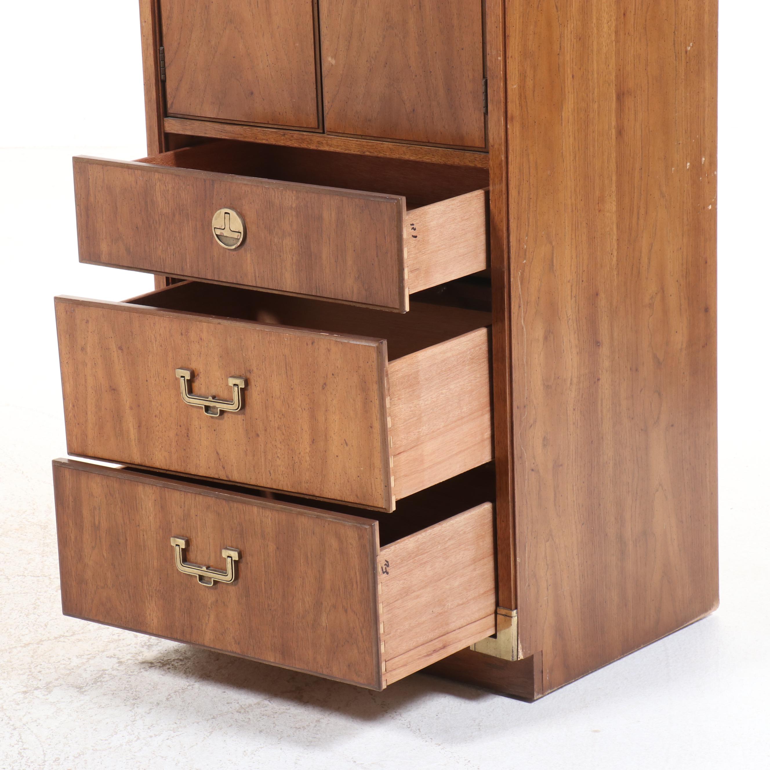 Pair of Huntley Campaign Style Pecan Veneer Cabinets