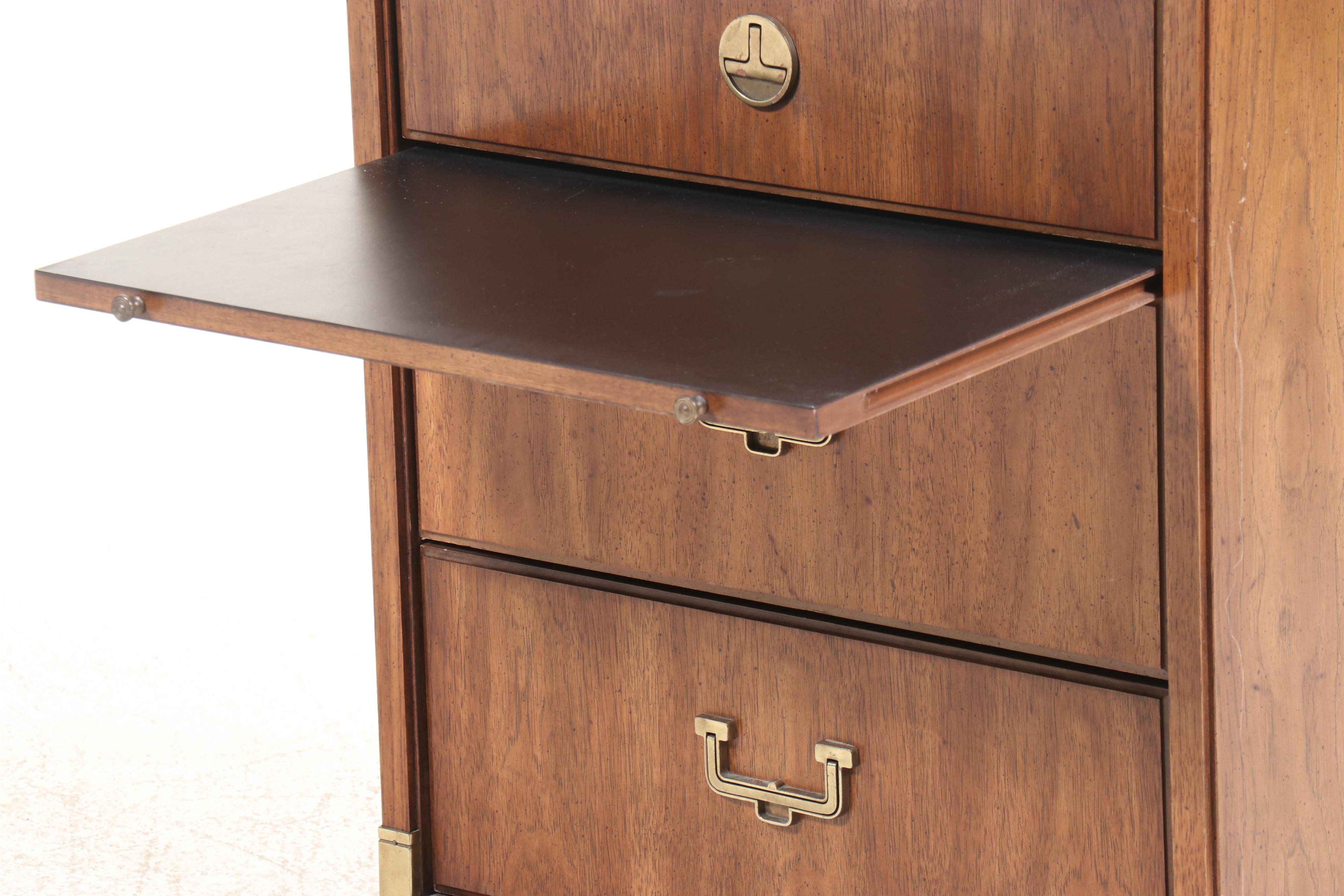 Pair of Huntley Campaign Style Pecan Veneer Cabinets