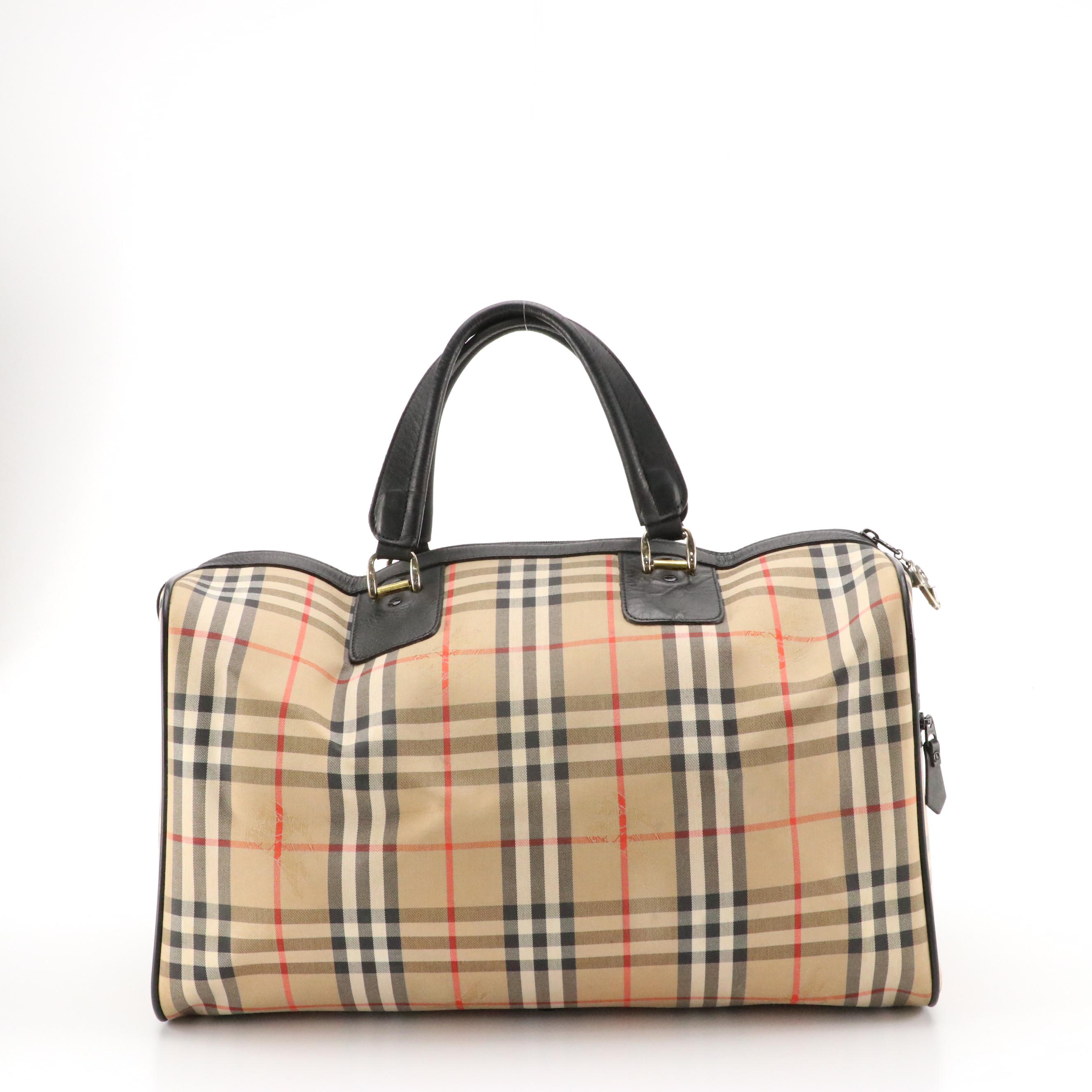 Burberrys Duffle Bag in Haymarket Check Canvas and Black Leather