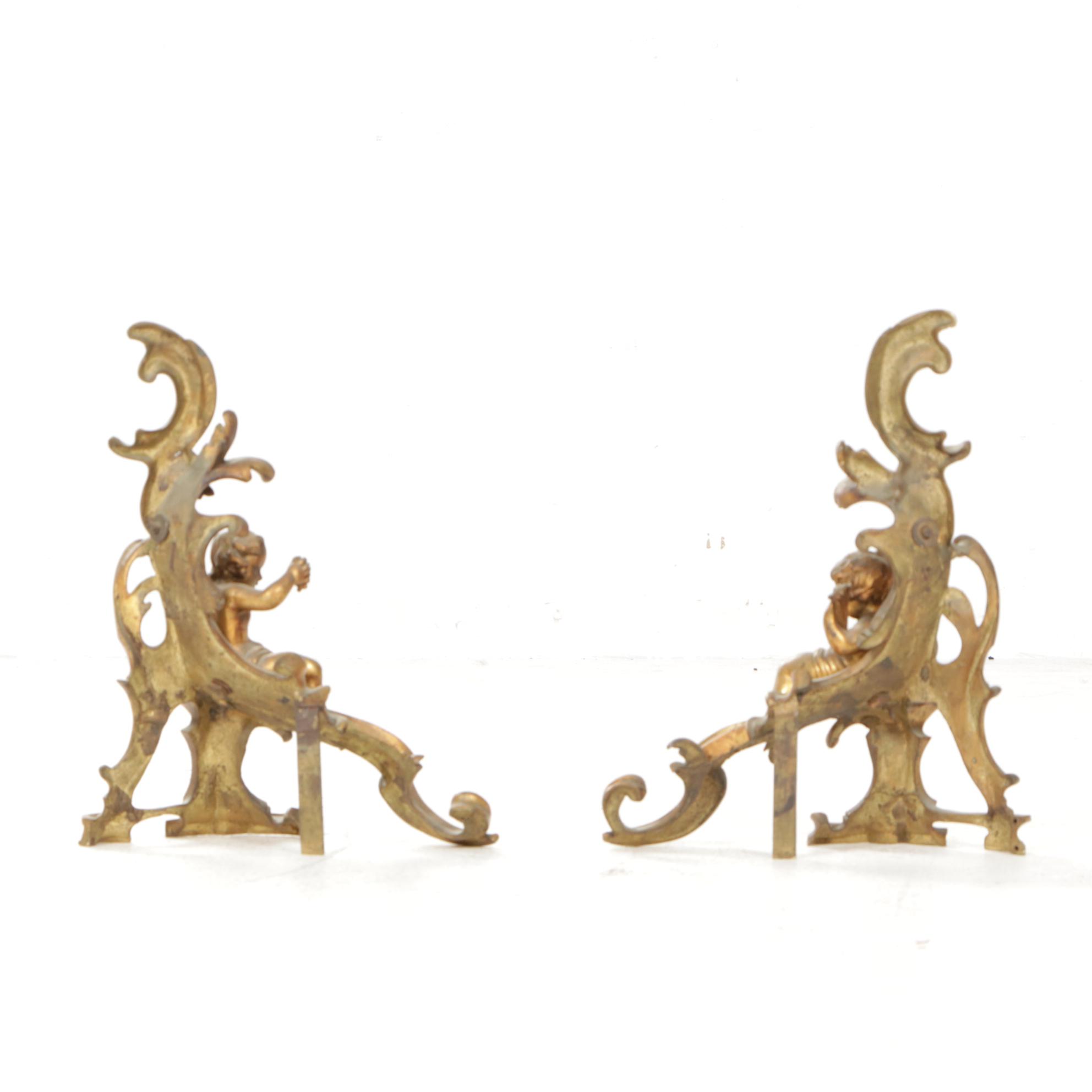 Brass Cherub Motif Andirons