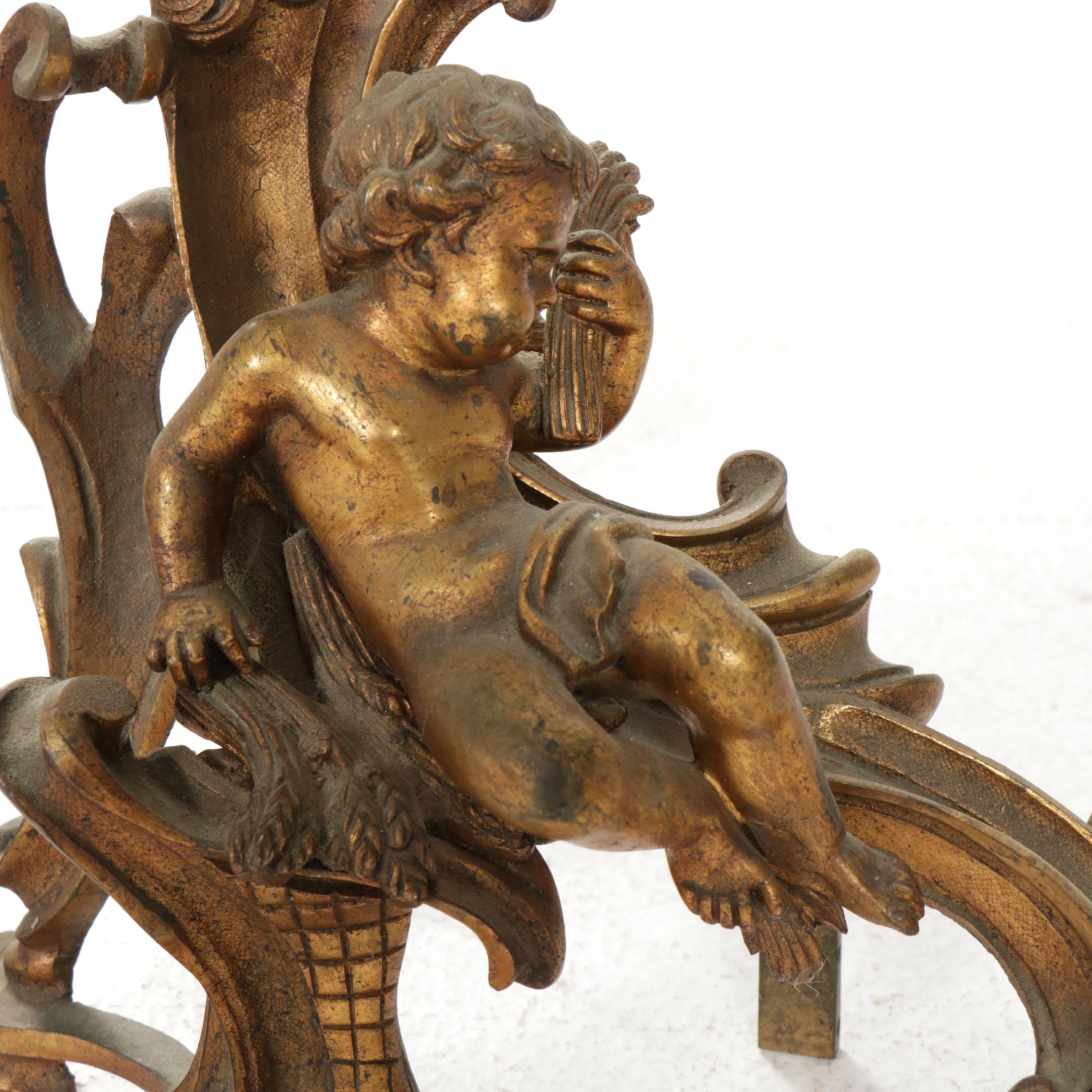 Brass Cherub Motif Andirons
