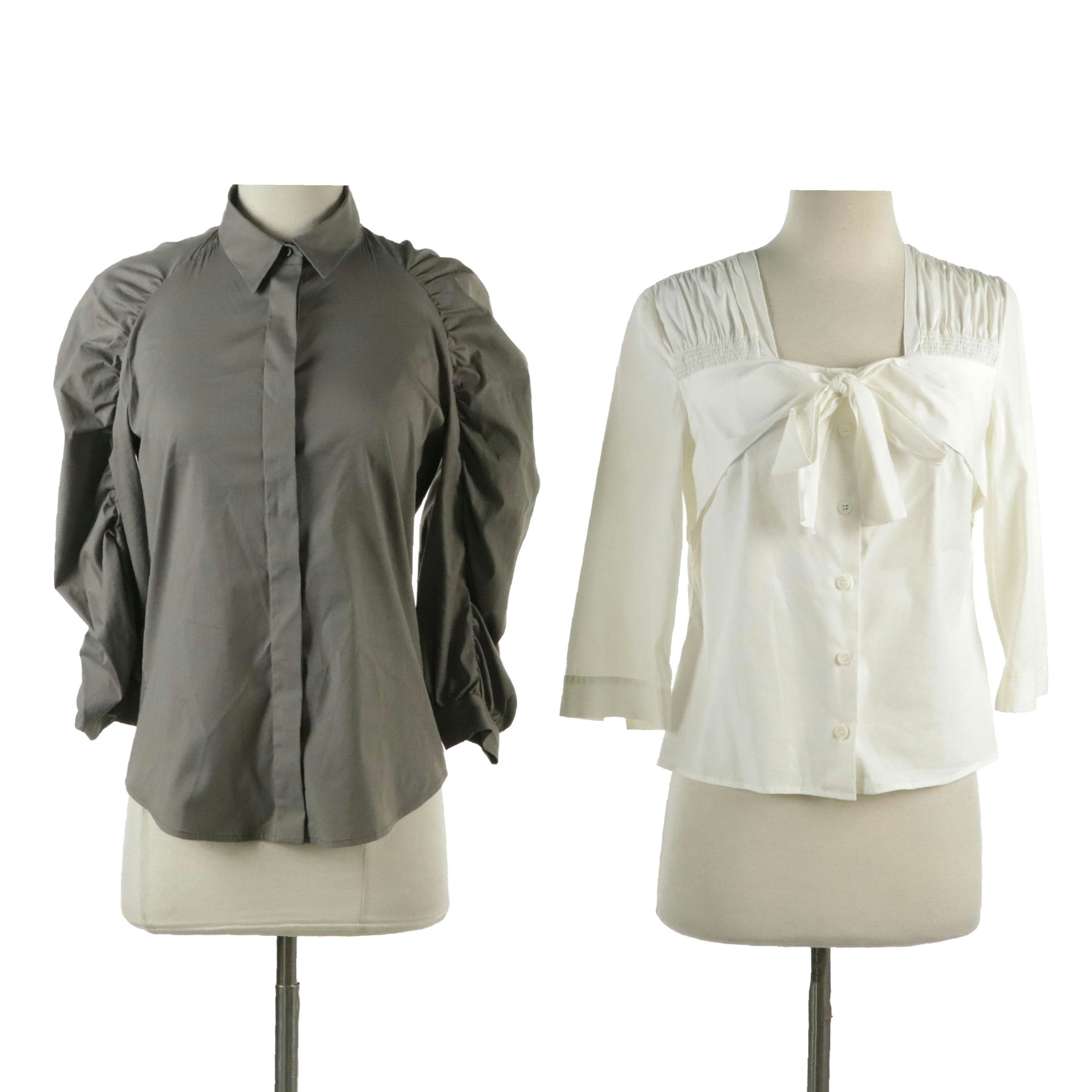 Prada Pleated and Gathered Stretch Cotton Blend Blouses