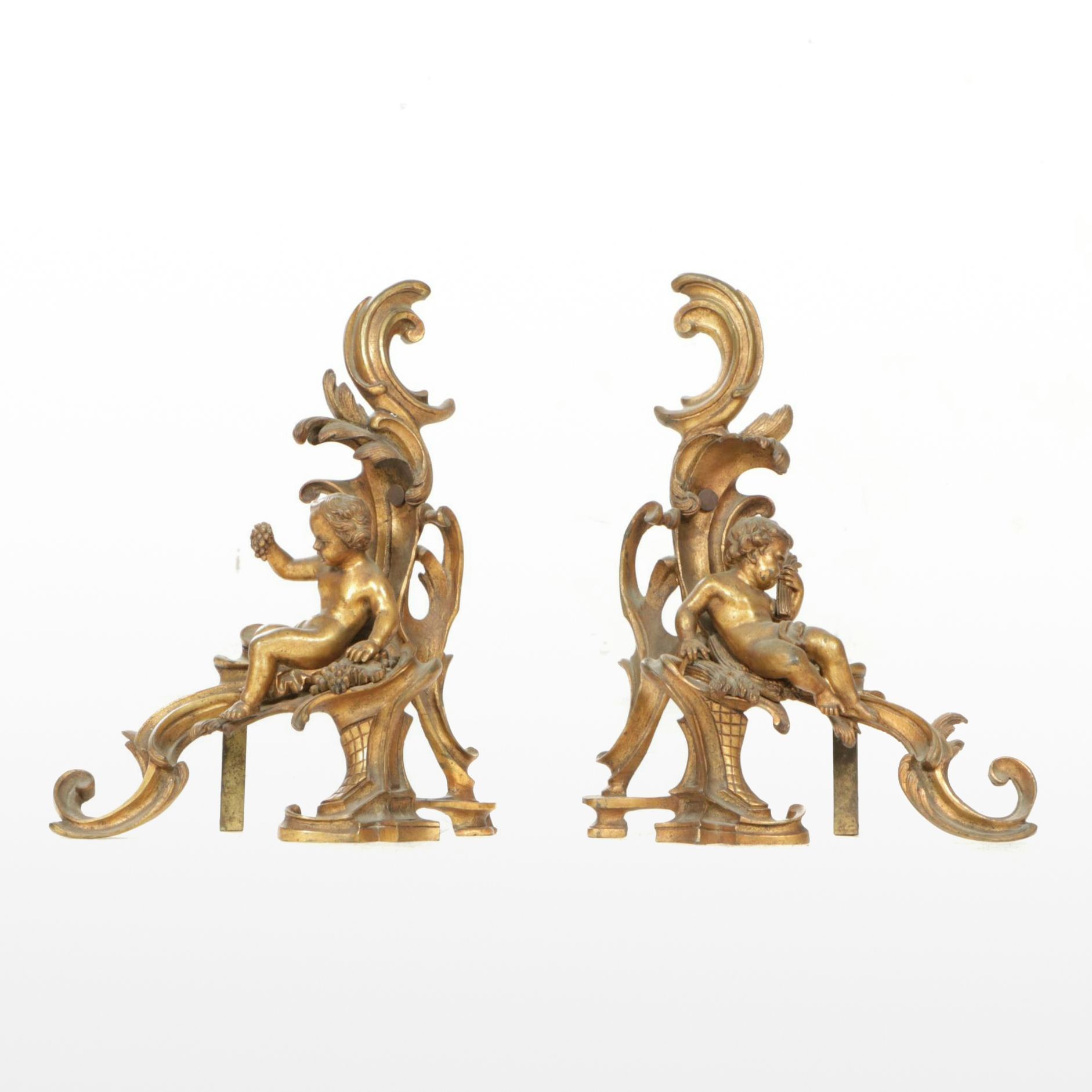 Brass Cherub Motif Andirons