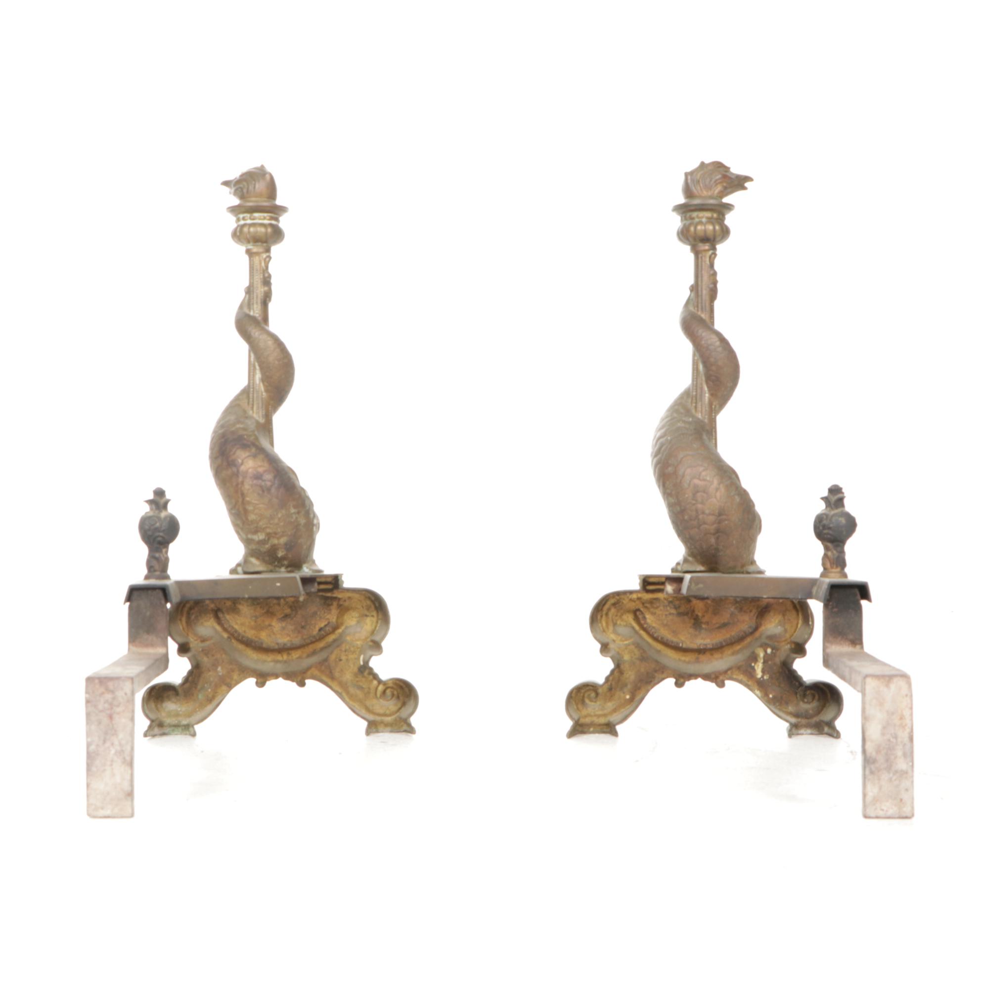 Bronze Dolphin Motif Andirons
