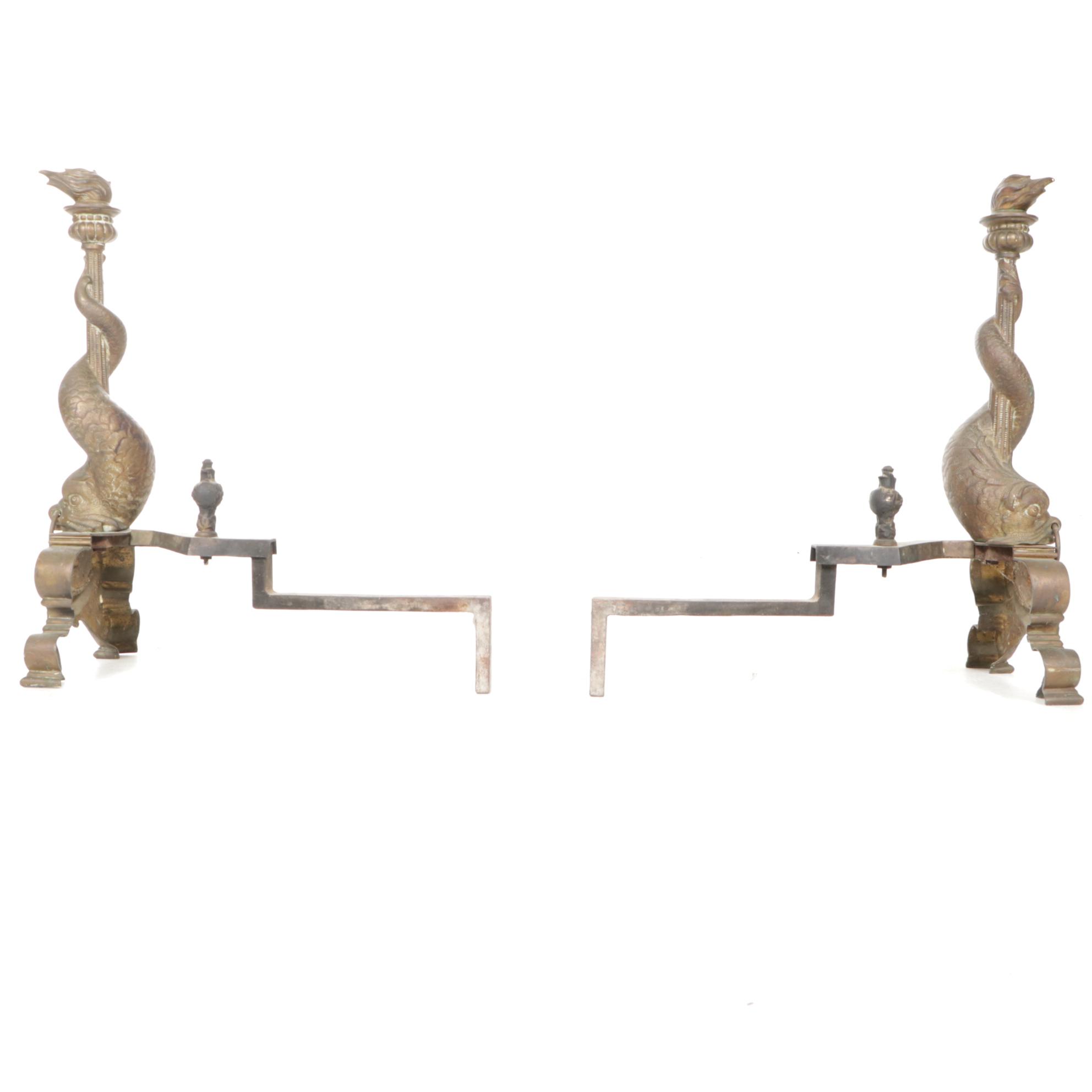 Bronze Dolphin Motif Andirons