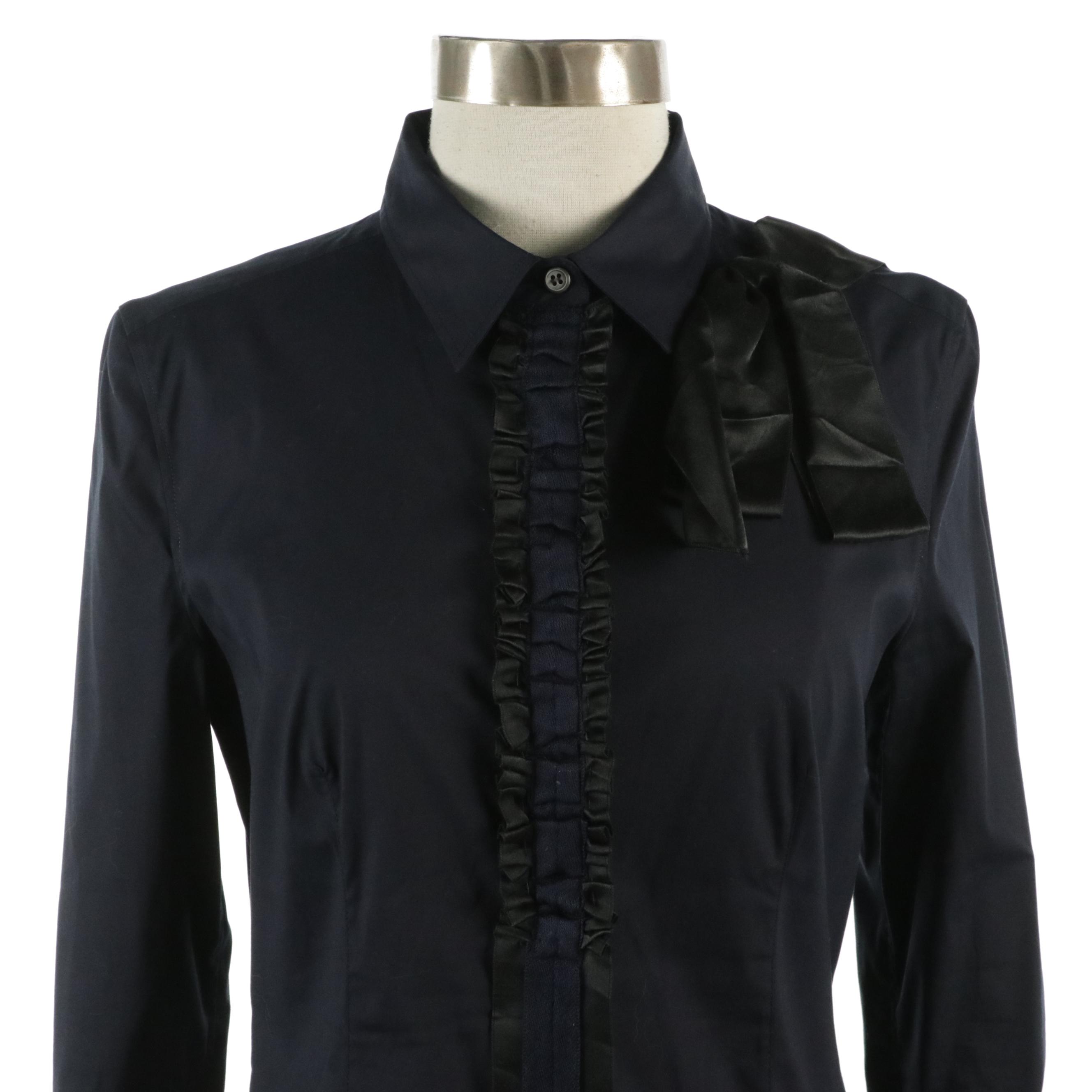 Prada Ruffled Cotton Blend Button-Up Shirt with Silk Trim & Silk Sleeveless Top