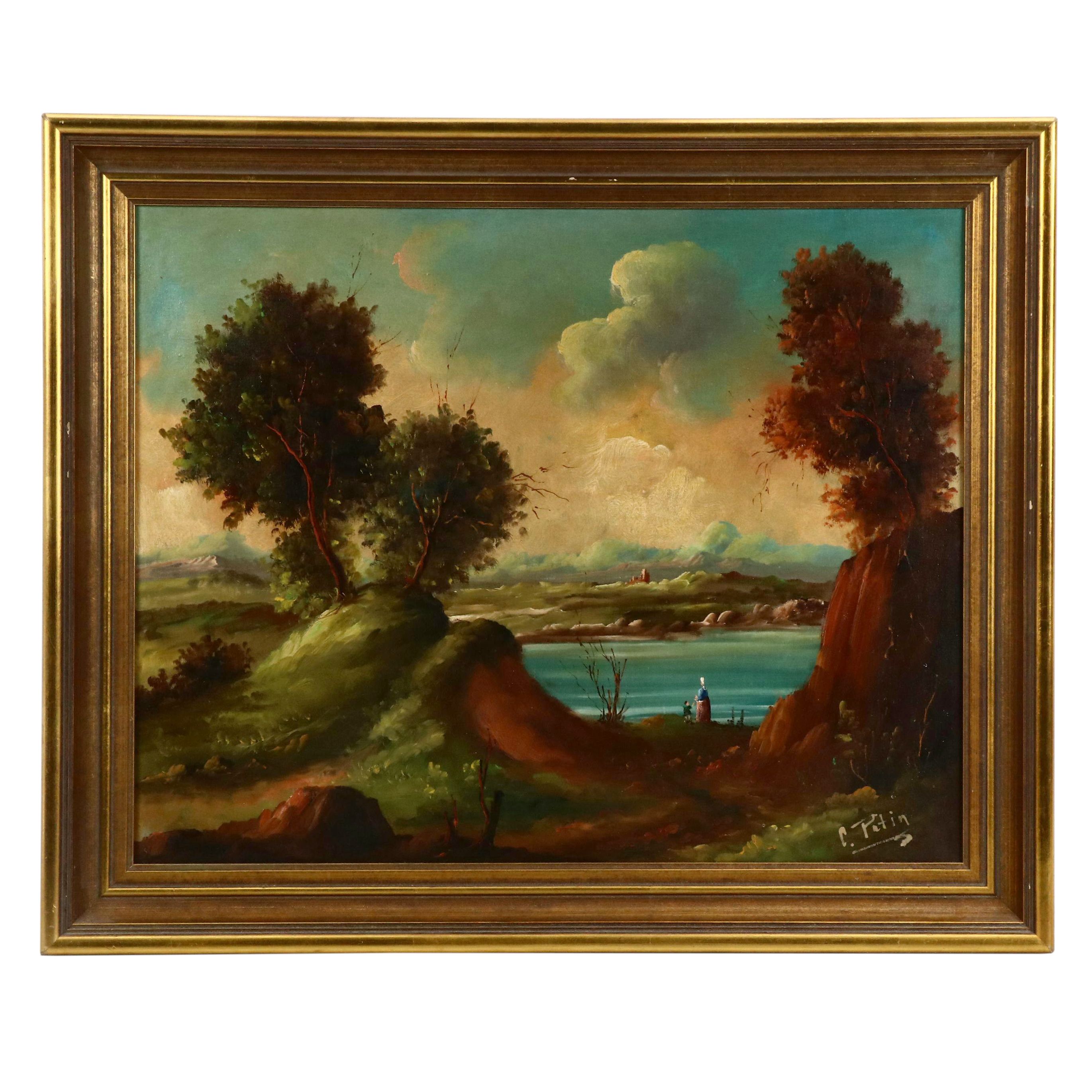 C. Patin Oil Painting of Idyllic Landscape with Lake and Figures, Mid-20th C.