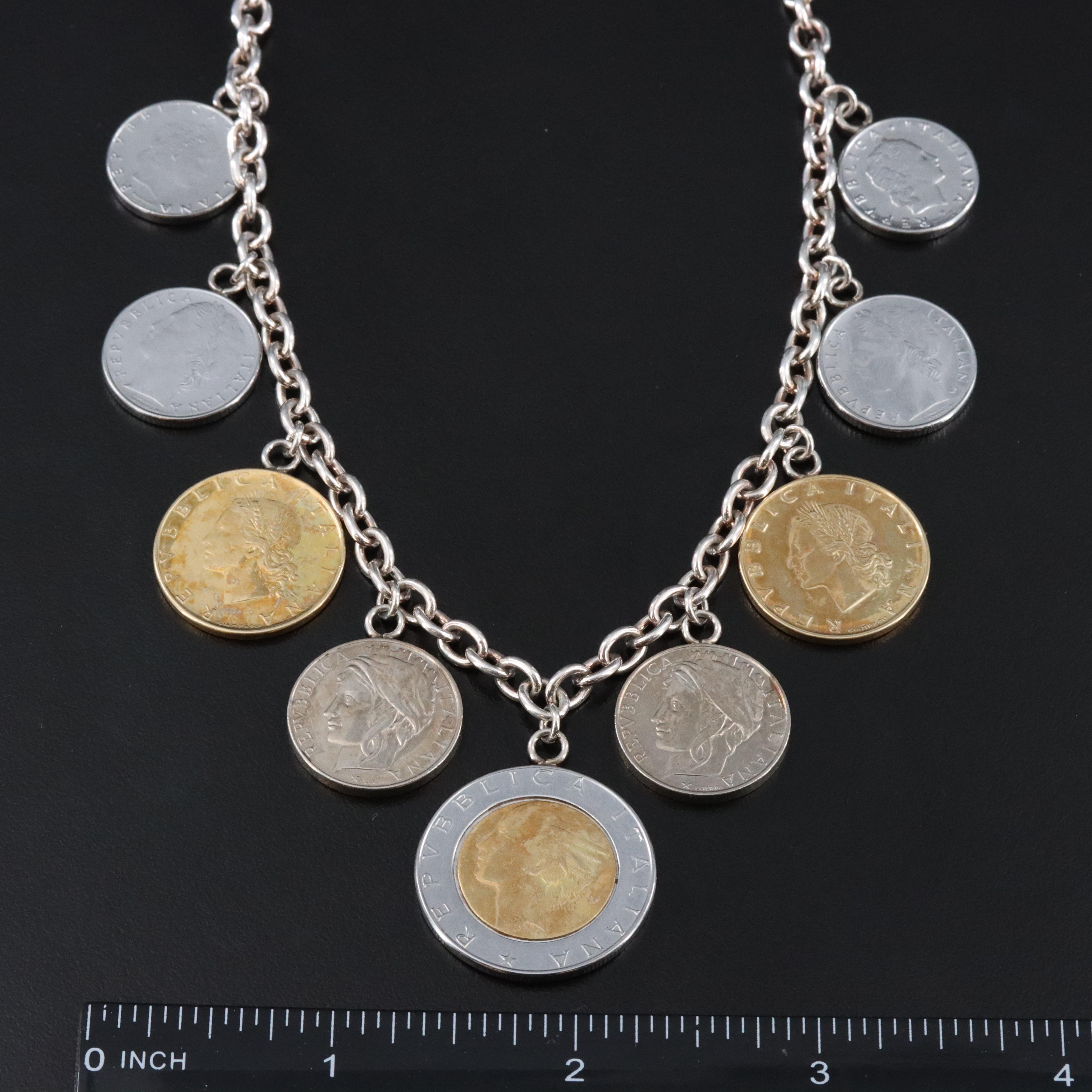 Italian Milor Sterling Cable Chain and Coins Necklace