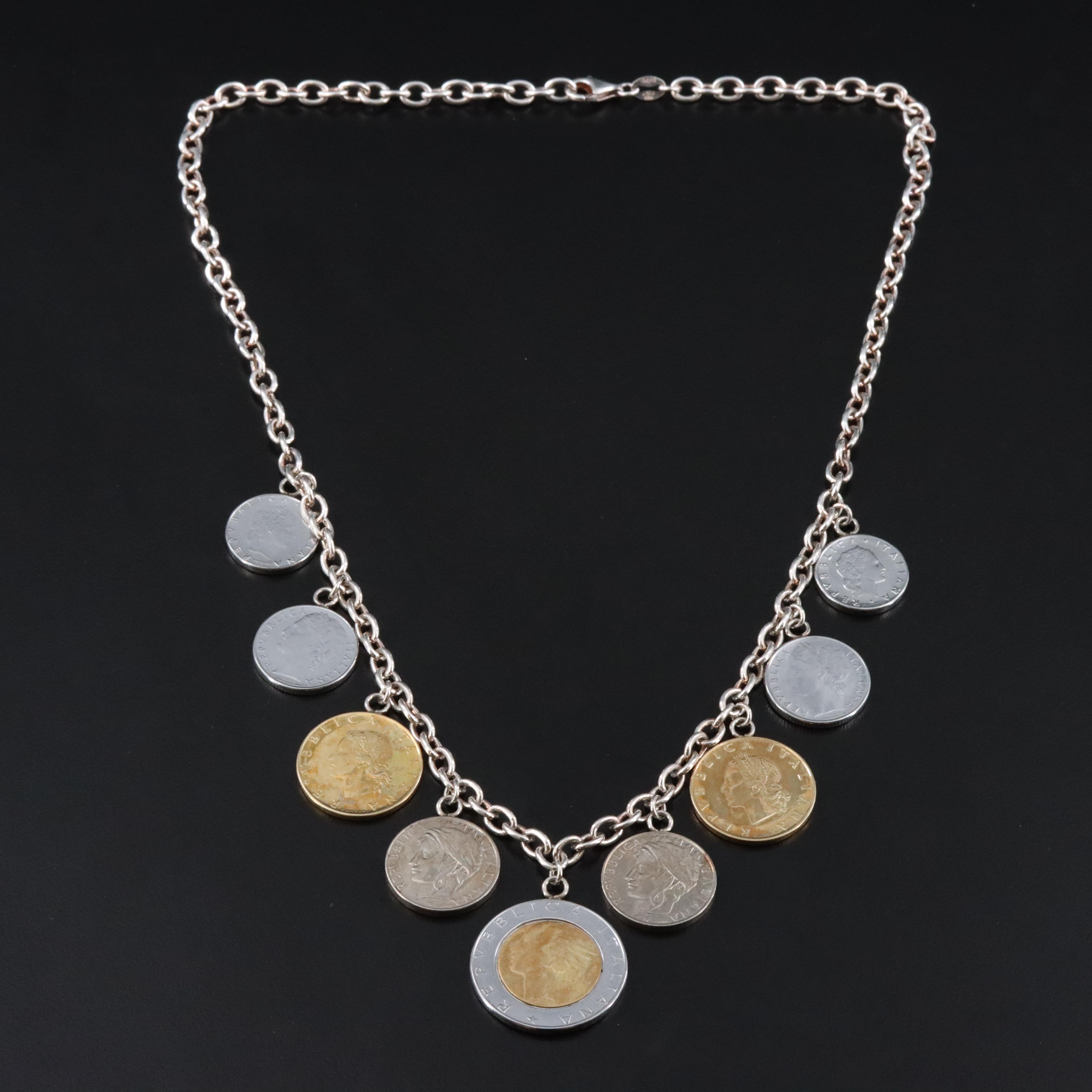 Italian Milor Sterling Cable Chain and Coins Necklace