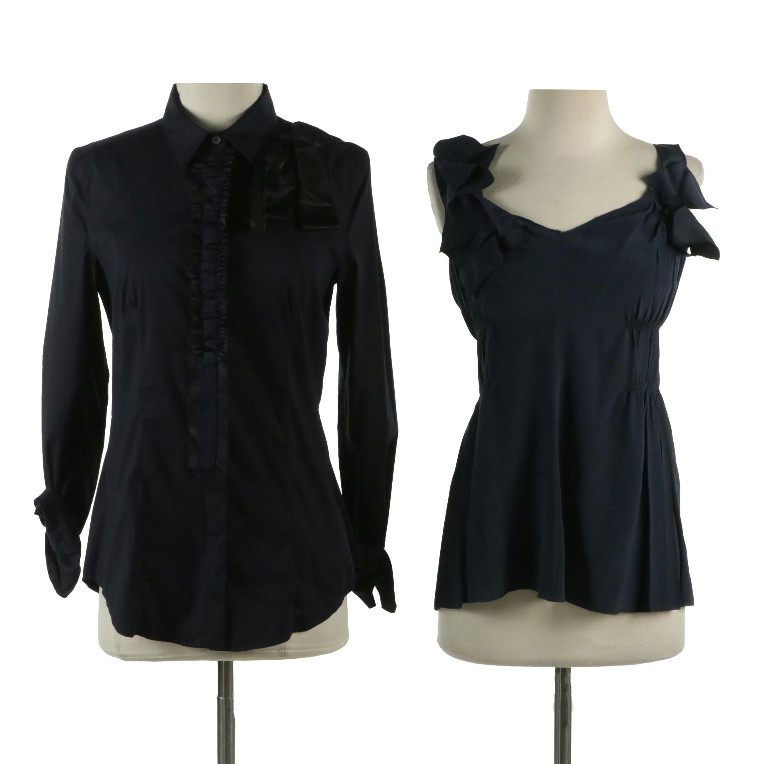 Prada Ruffled Cotton Blend Button-Up Shirt with Silk Trim & Silk Sleeveless Top